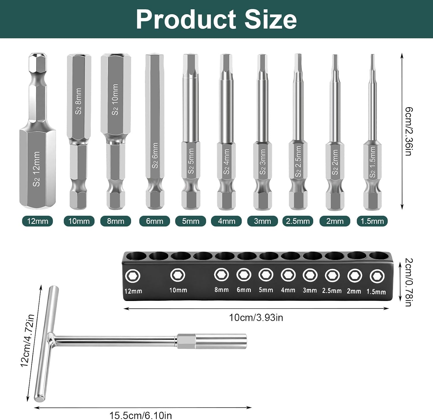 Magnetic Key Bit Set, 10 Piece Hex Key Set with T-Handle 1.5-12mm, S2 Hex Bits 1/4" Screwdriver Bit Set for Assembling Furniture Home Repair