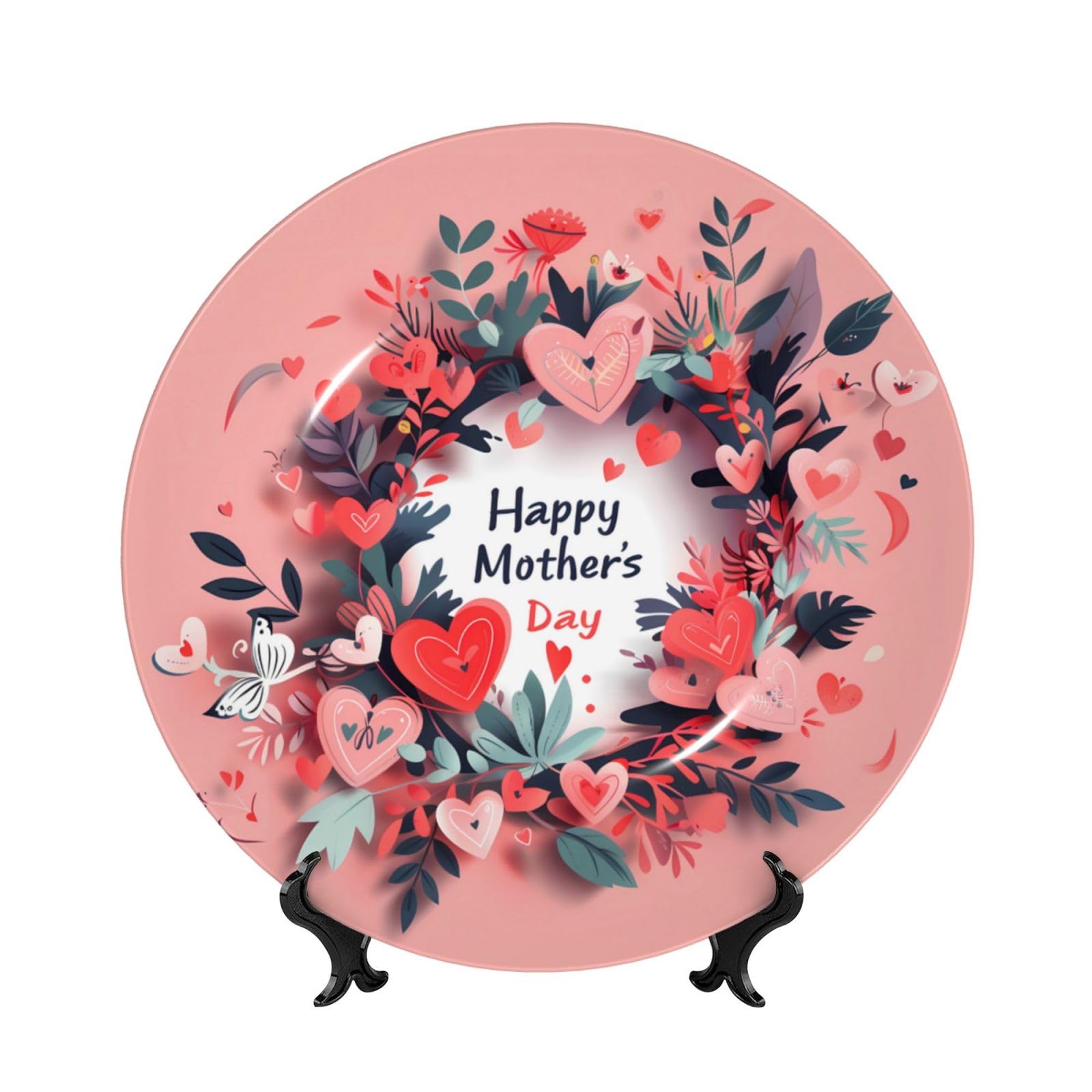 Love Mom Flower Ceramic Decorative Plates with Display Stand Mother's Day Home Porcelain Memorial Plate 6in for Living Room Kitchen Table Decor