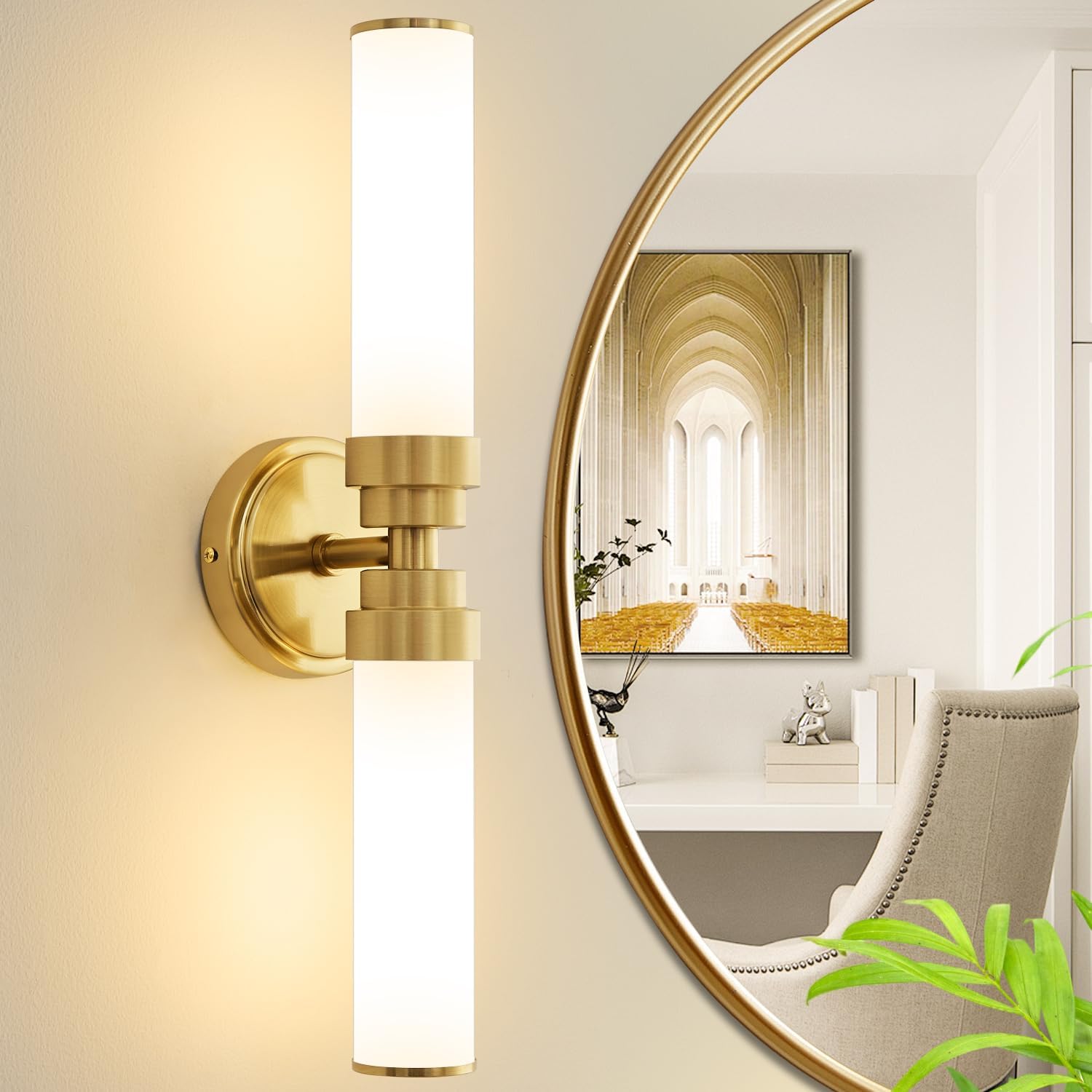 Bathroom Light Fixtures, Gold Wall Sconce with Milk Glass Shade, Modern Vanity Light Up and Down Sconces Wall Lighting - Bulb Not Included