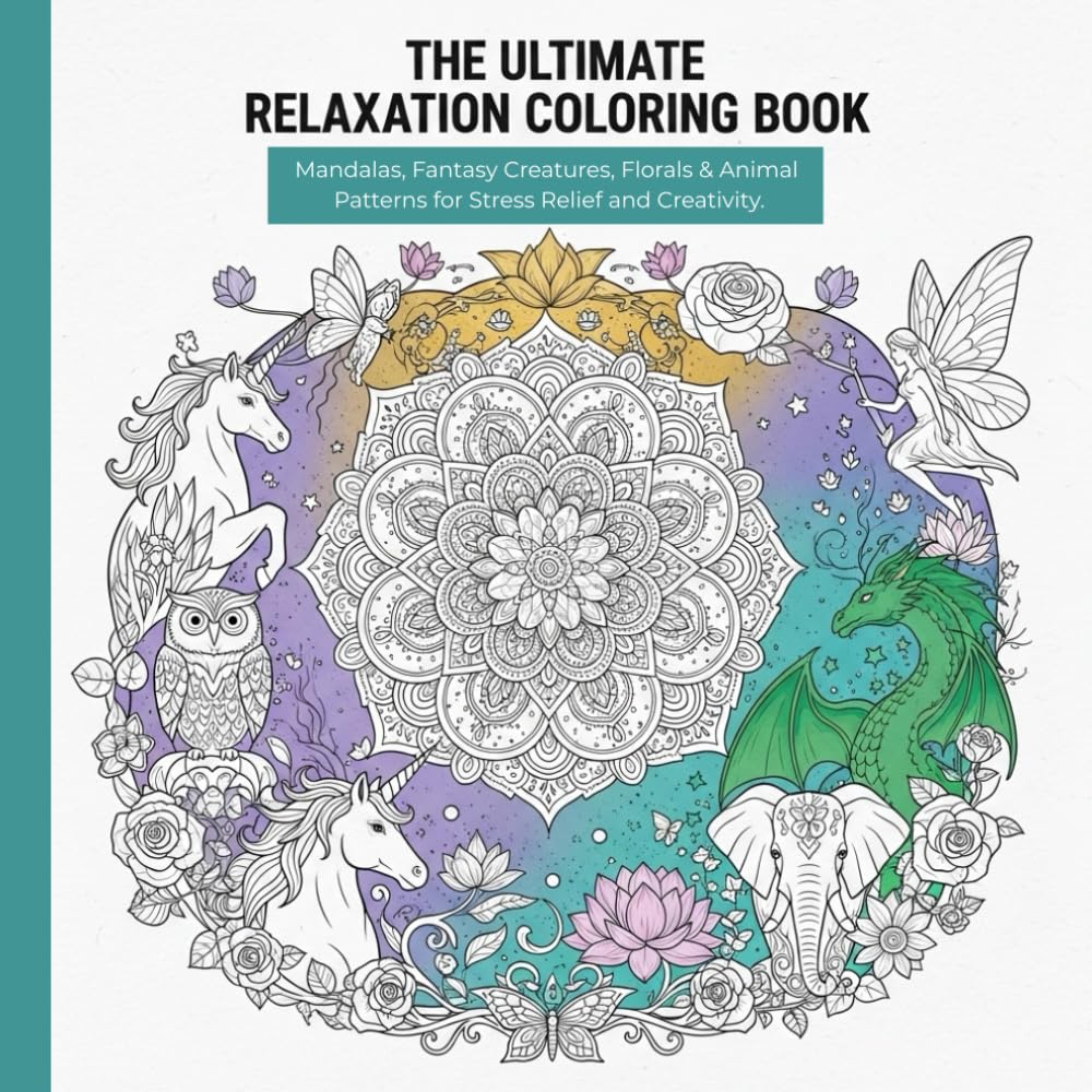 The Ultimate Relaxation Coloring Book: Mandalas, Florals, Fantasy Creatures & Animal Designs for Stress Relief and Creativity