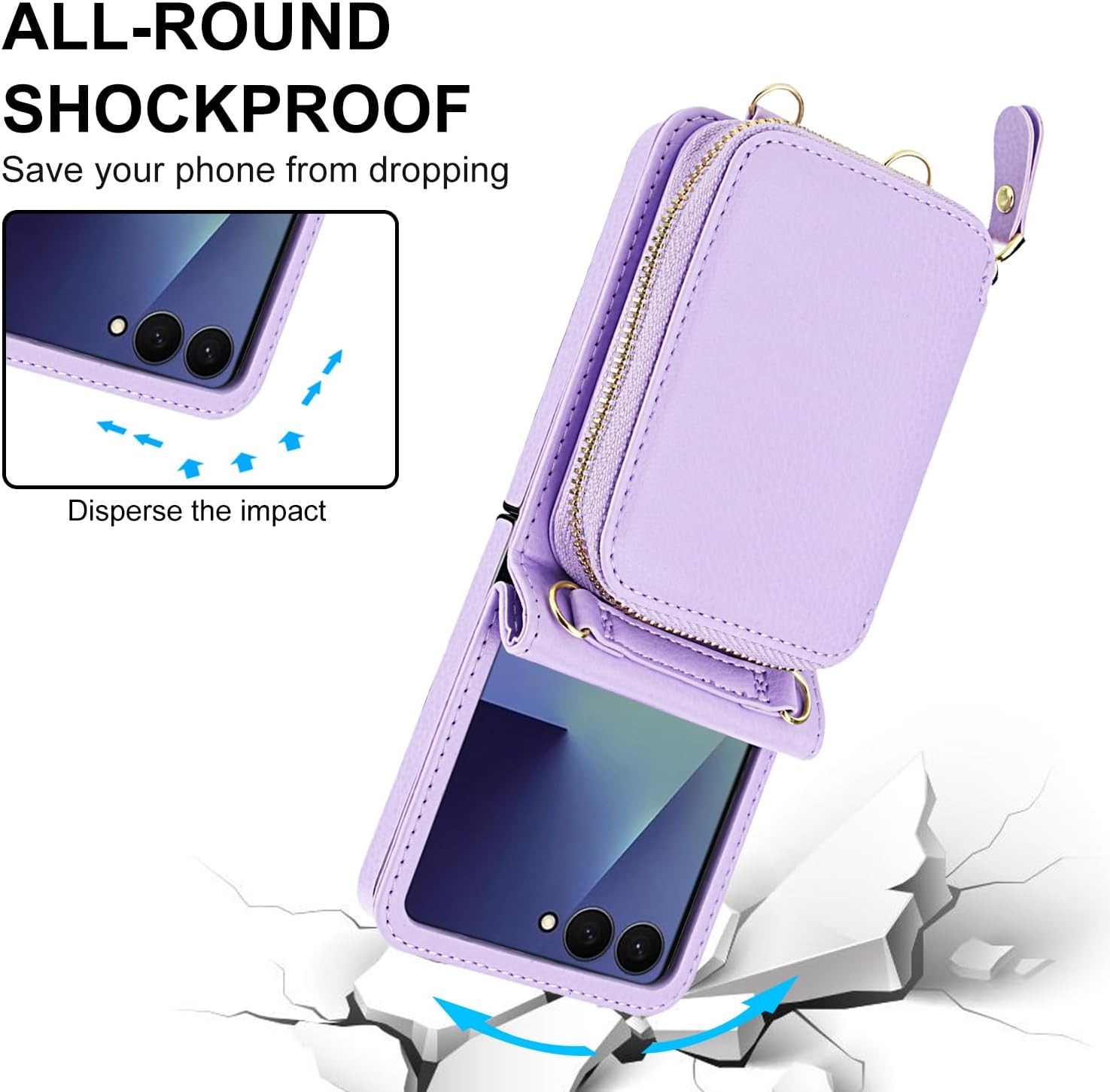 Asuwish Phone Case for Samsung Galaxy Z Flip 7 5G Wallet Cover with Credit Card Holder Zipper Slot Crossbody Strap Lanyard RFID Blocking Purse Cell ZFlip 7Z Z7 G Flip7 ZFlip7 Women Men Girls Purple