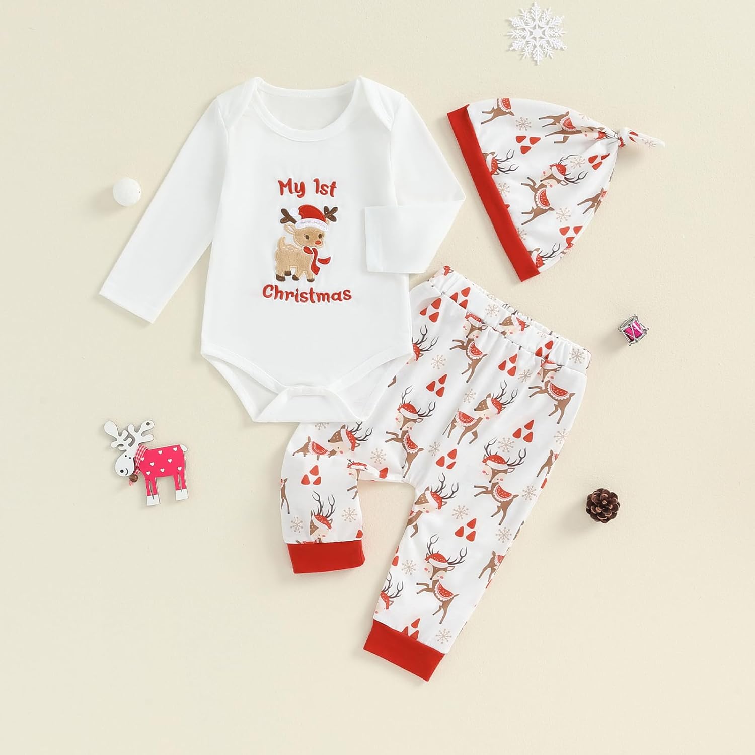 MAYUMMPY Baby Boy Girl My First Christmas Clothes Sets Long Sleeve Letter Deer Romper Pants Hat Newborn Christmas Outfit - Image 2