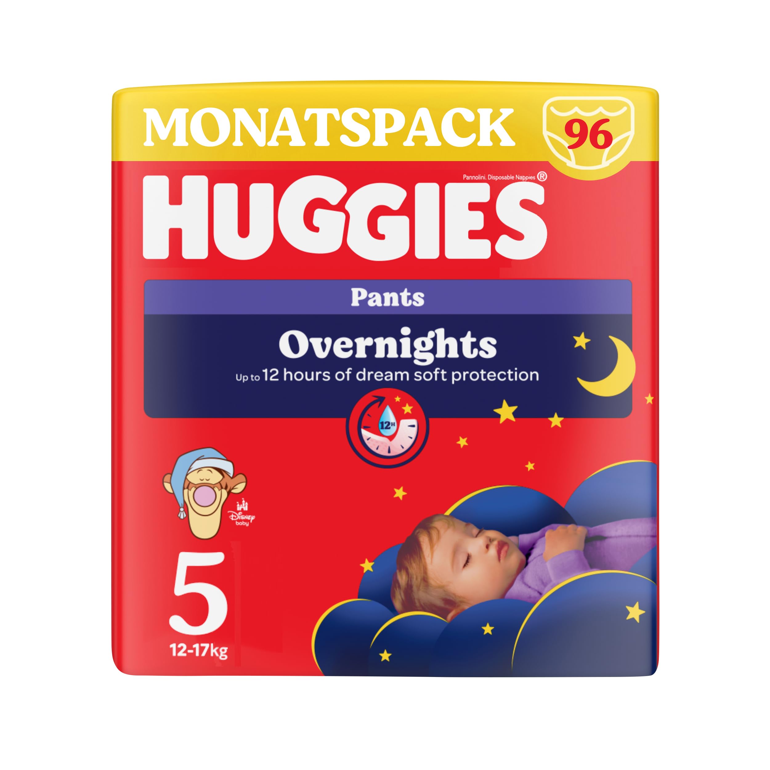 Huggies Overnight Pants Größe 5 (12-17 kg), Windeln-Monatsbox, 96 Stück (4x24), Windelhöschen für die Nacht