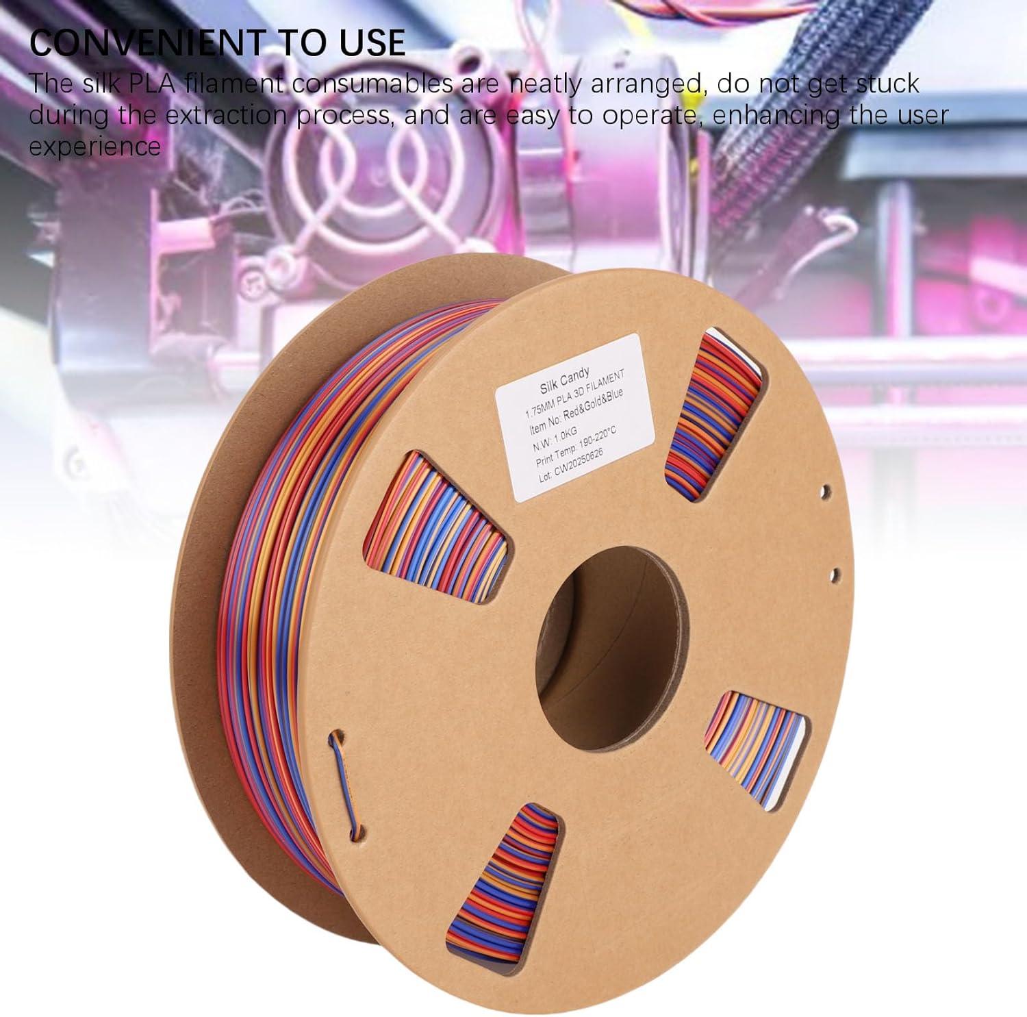 Zunate Colors PLA Filament 1.75mm, Silk 3-in-1 Rainbow Red Gold Blue, 1KG Roll for 3D Printers, High Strength, Accurate Printing, Degradable Material