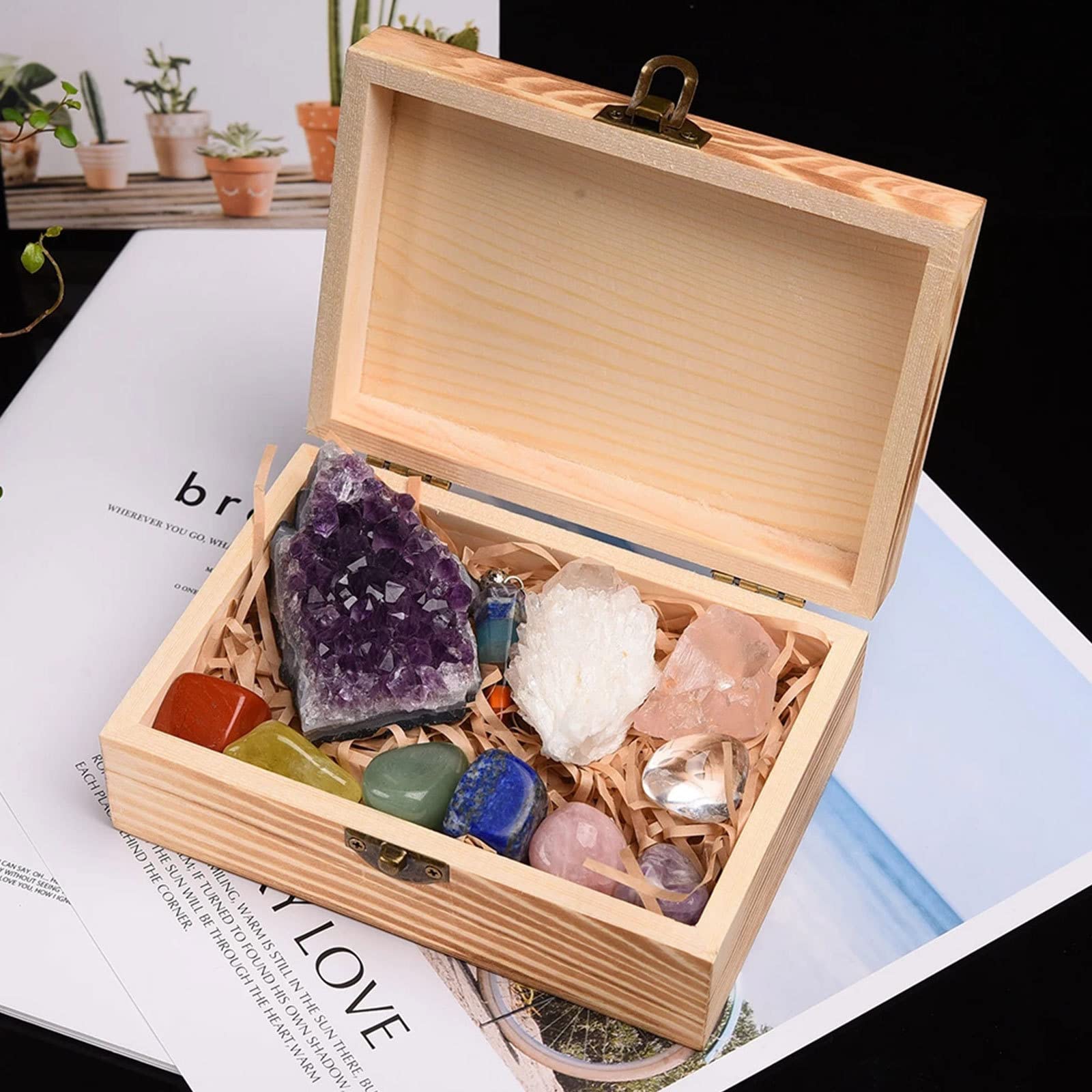 11-teiliges Heilkristall-Set, Chakra-Kristalle-Set, Amethyst-Cluster/Chakra-Pendel/Klarer Quarz-Cluster/Rosenquarz/Chakren-Trommelsteine ​​in Geschenkbox aus Holz, Heilung und Meditation