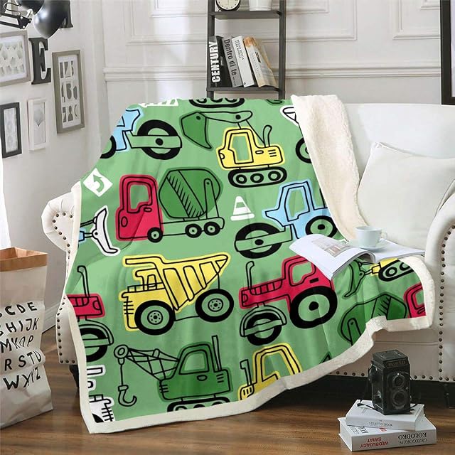 Cartoon Car Fleece Throw Blanket Excavator Tractor Decor Sherpa Blanket for Kids Boys Construction Cars Plush Blanket Machinery Cranes Vehicles Decor Fuzzy Blanket for Sofa Bed,Baby 30x40 Inch