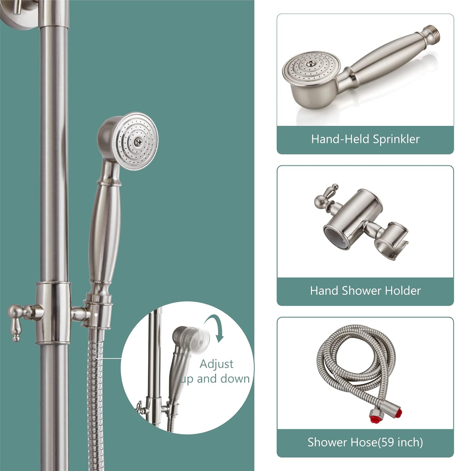 Dual Functions Exposed Pipe Shower System Round 8 Inch Rainfall Shower Head Brass Fixture Combo Set Two Handles Bathroom Shower Faucet Adjustable Showerhead Bar,Brushed Nickel