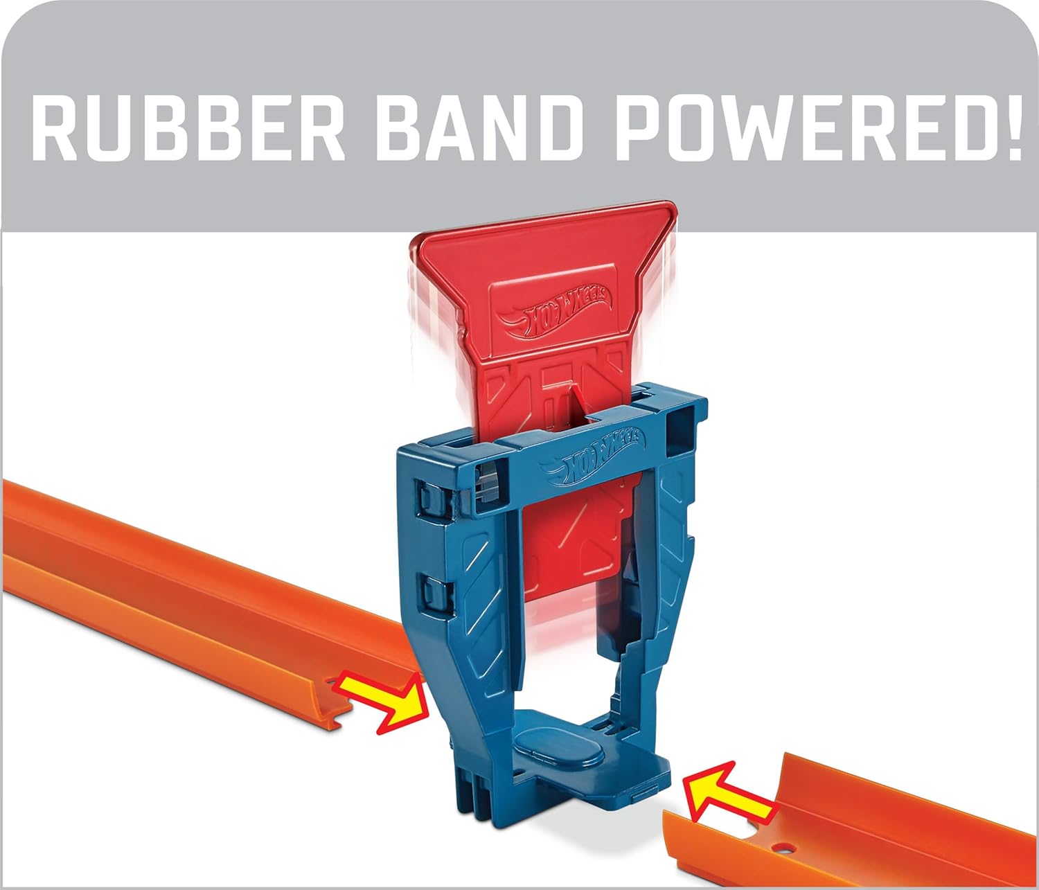 Two interchangeable tabs on the track, one with a red stunt piece and one with a Hot Wheels car.