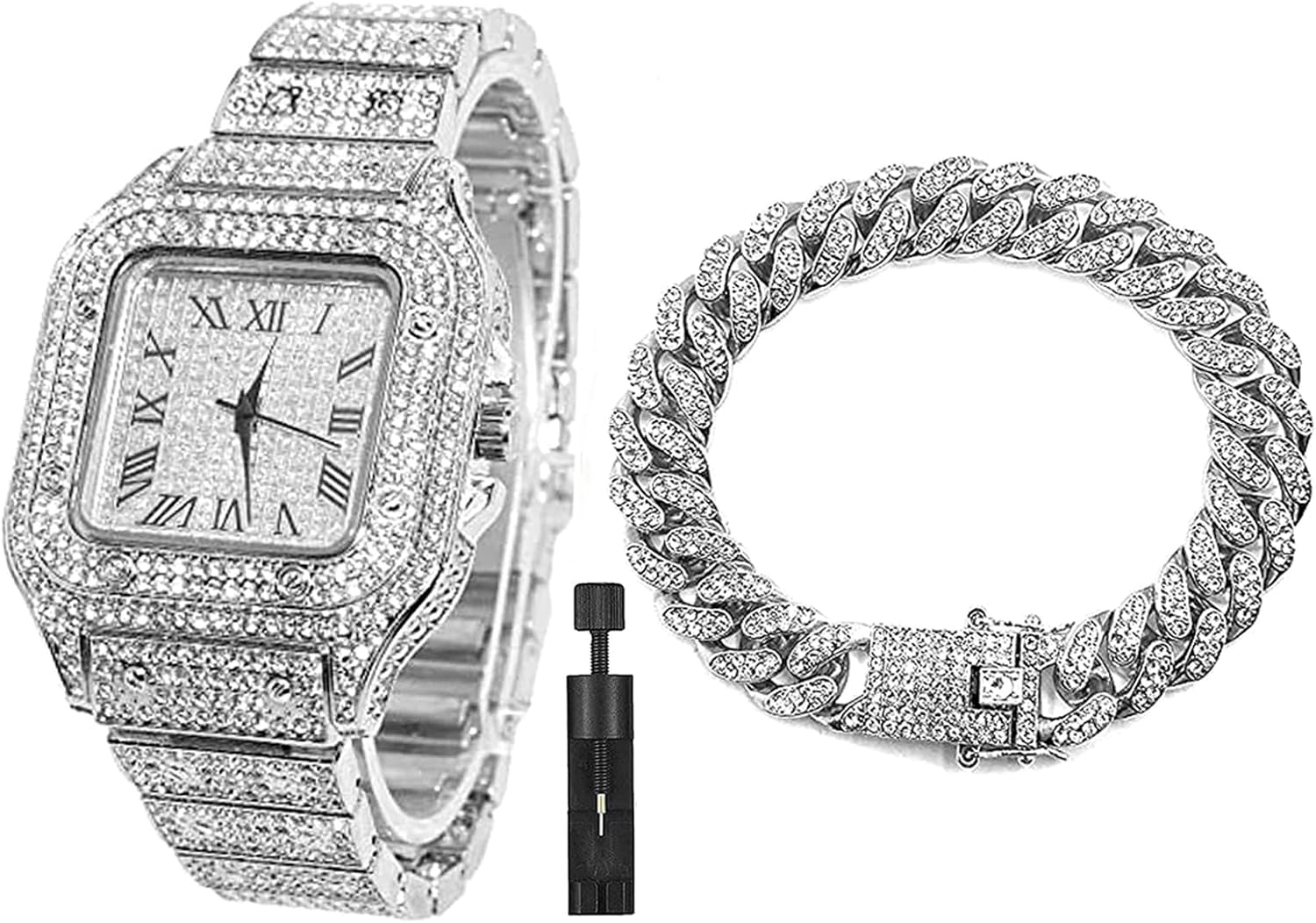 Apzzic Men’s Diamond Watch Iced Out Watchs CZ 18K Gold Plated Cuban Link Watch Square Dial Quartz Wristband Analog Wrist Watch for Men Women