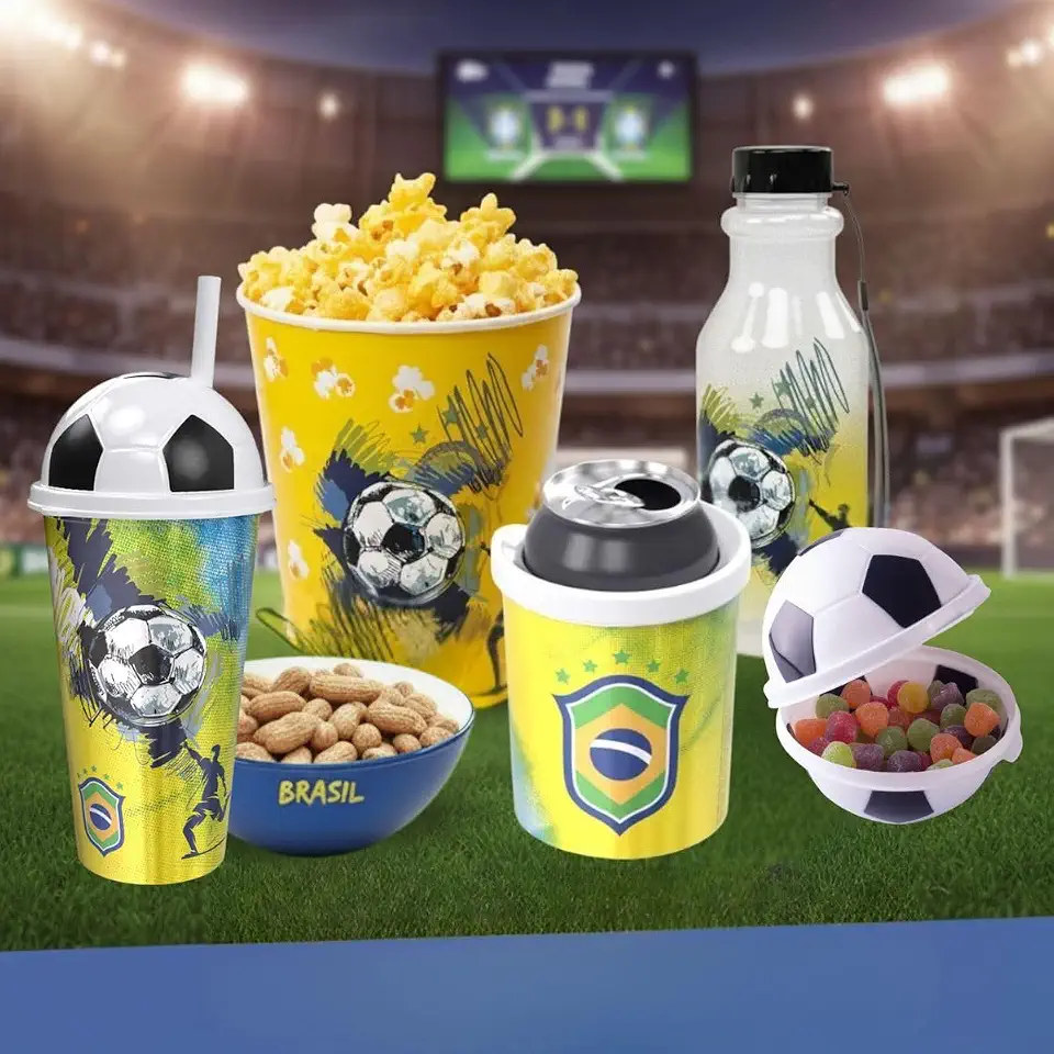 Kit Torcedor Brasil Copa - Pote Pipoca, Copo c/Canudo, Garrafa Retrô, Porta Lata- Futebol