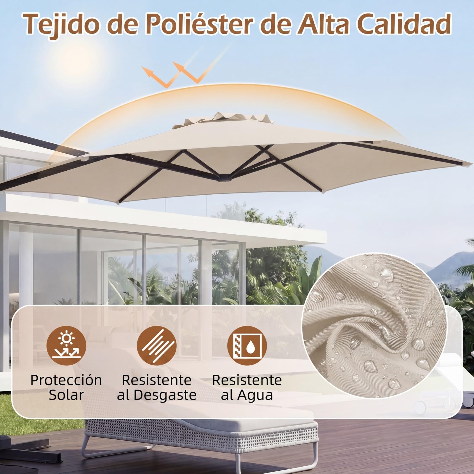 COSTWAY Sombrilla Terraza Exterior, Parasol Excentrico Jardín con Rotación de 360°, Varillas Metálicas y Base en Cruz, Parasol Colgante Exterior para Patio Terraza Piscina (300 cm,Beige)