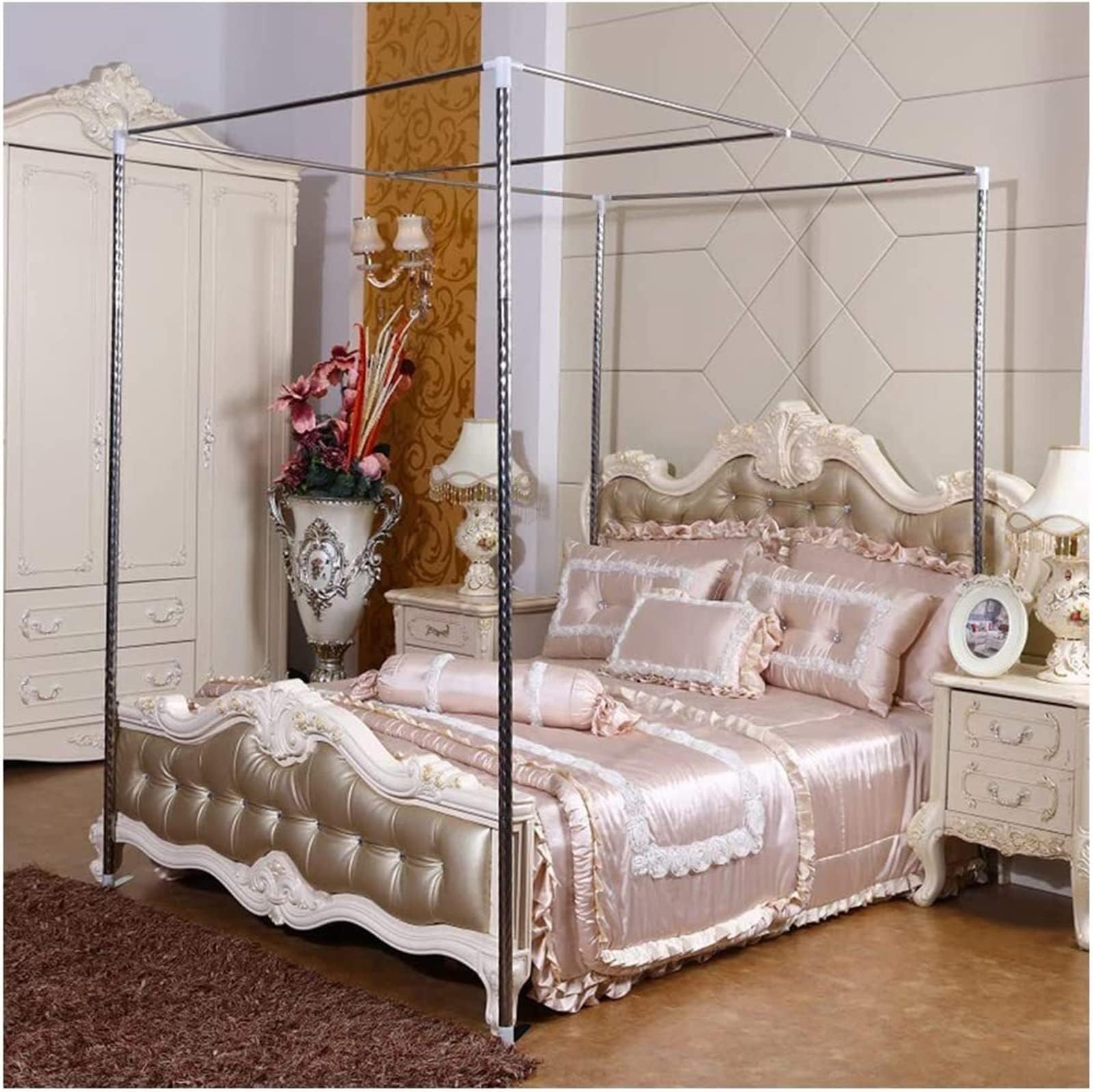 Stainless Steel Mosquito Net Frame, Bracket for Bed Canopy, 4 Corners Bed Post, Thicken Spiral Pattern Bed Stand, Fit for Twin/Full/Queen/King Size Bed (Color : 22mm, Size : 2x2.2m bed)