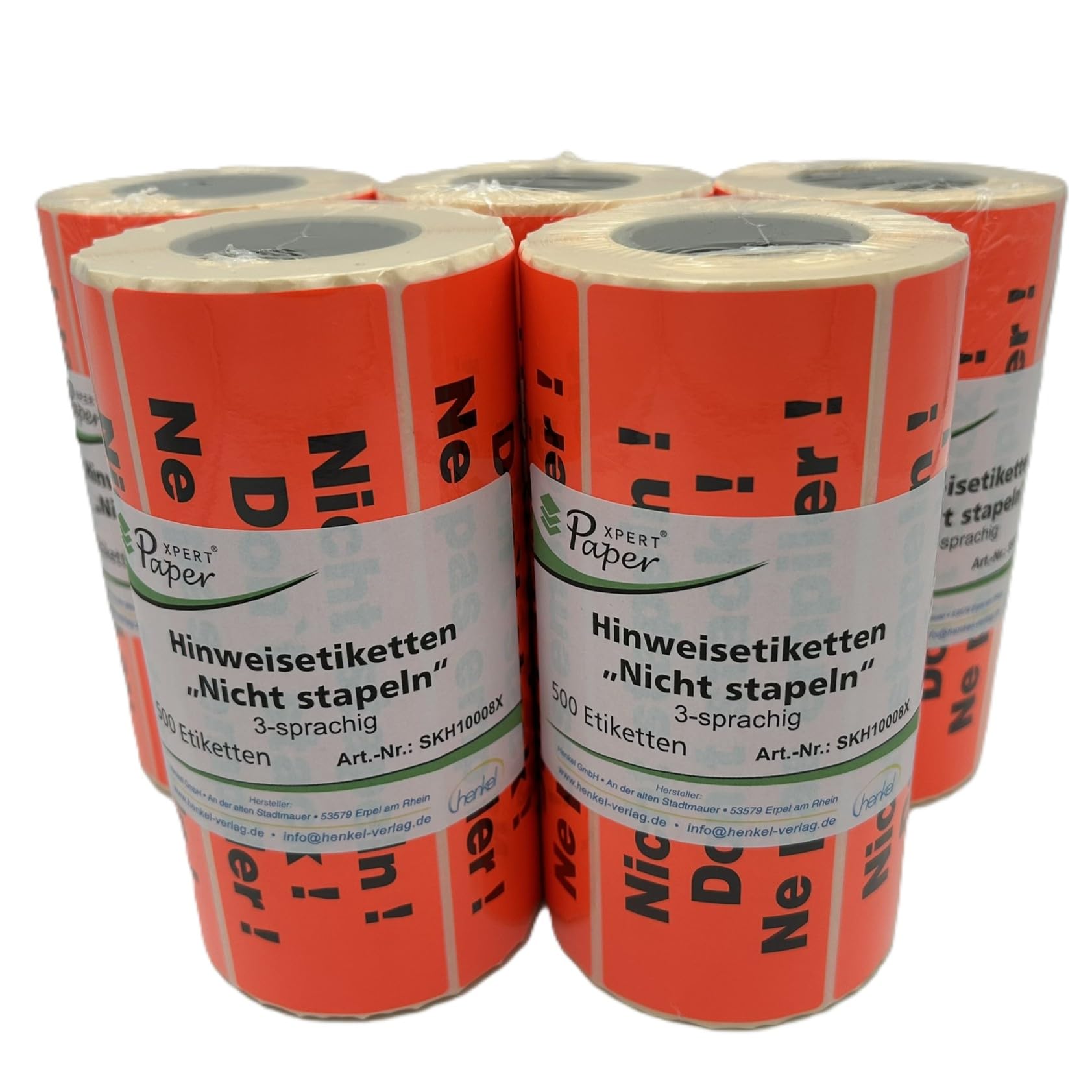 Hinweisetiketten "Nicht stapeln" | Maxipack: 5 Rolle à 500 Stück | 149 x 48 mm | Leuchtfarbe | Stark haftend | Warnetiketten/Versandetiketten - Premium Markenqualität – Made in Germany