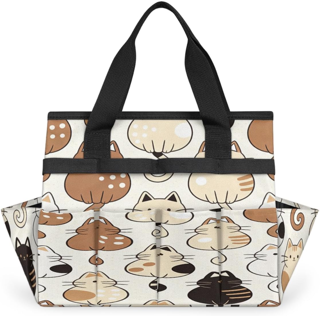 Light beige cartoon cat Garden Tool Bag, Heavy Duty Gardening Tote Bag with 10 Pockets,Standable Garden Home Tool Kits Organizer,Gardening bag for women Men Indoor and Outdoor Gardening.