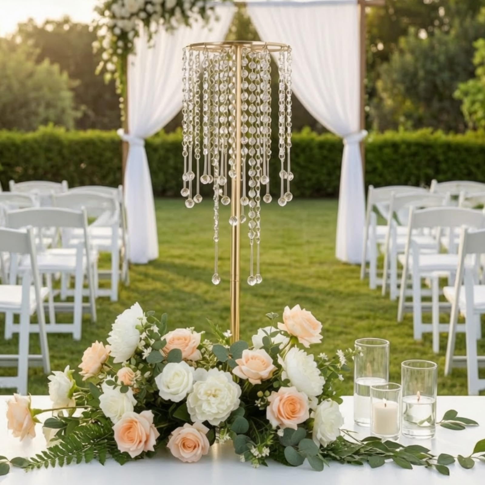 Soporte Decorativo de Boda Alta Centro de Mesa Jarrón Base Elevadora de Aleación con Brillo Espejado y Colgantes Adecuado para Bodas Formales, Plata, Diámetro 20 Cm X Altura 75 Cm