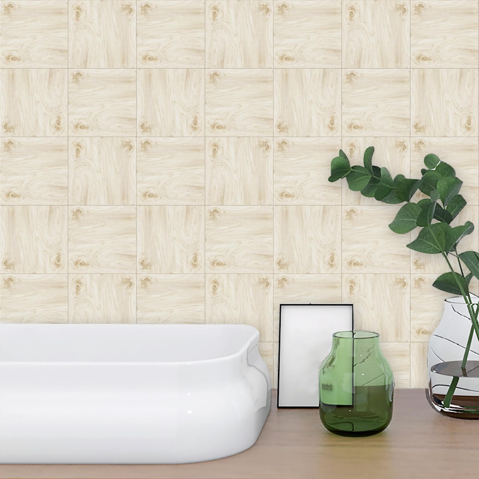 Stick on Tiles Wood Grain Beige Tile Stickers for Bathroom Kitchen Backsplash Waterproof Tile Covers for Fireplace Surround Cabinet Furniture Stick on Kitchen Tiles 10x10 cm/10 pcs