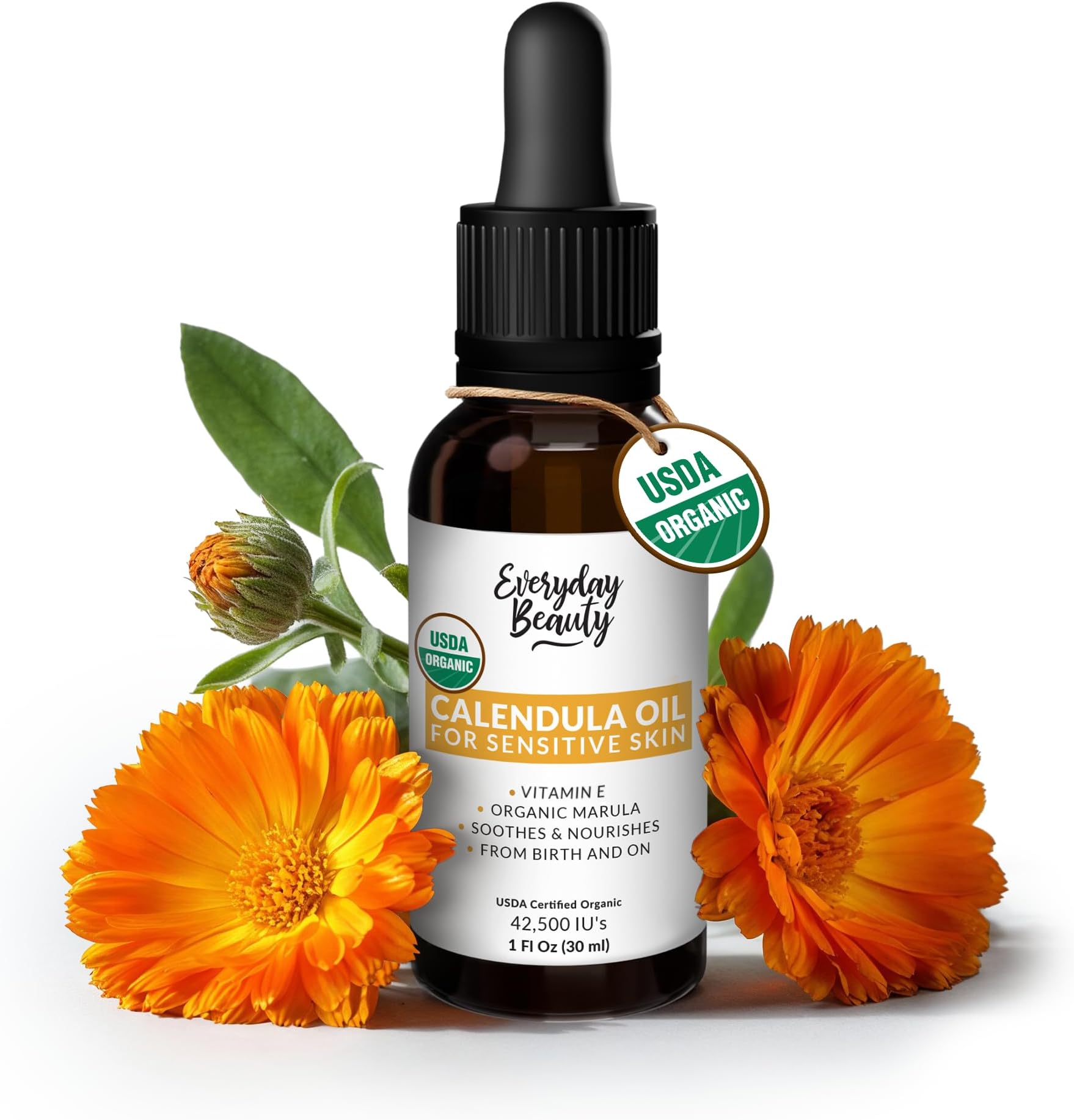 Organic Calendula Oil For Sensitive Skin - USDA Certified 100% Natural Plant Based, Lightweight & Unscented Gentle Soothing Oil For Sensitive Skin - For Face, Skin & All Over - 1 Fl Oz Glass & Dropper