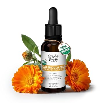 Organic Calendula Oil For Sensitive Skin - USDA Certified 100% Natural Plant Based, Lightweight & Unscented Gentle Soothing Oil For Sensitive Skin - For Face, Skin & All Over - 1 Fl Oz Glass Dropper