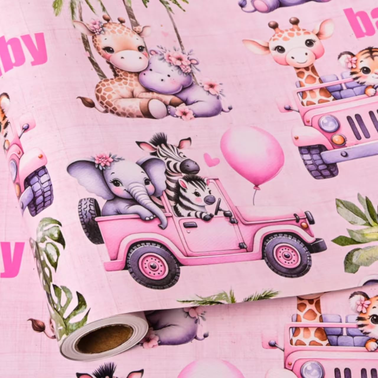Altarho Baby Shower Wrapping Paper Roll - 17 Inch x 20 Feet - Pink Woodland Animals Truck Design Gift Wrap for Kids Boys Girls Baby Shower Party Decoration Celebration Total 28.5sq.ft