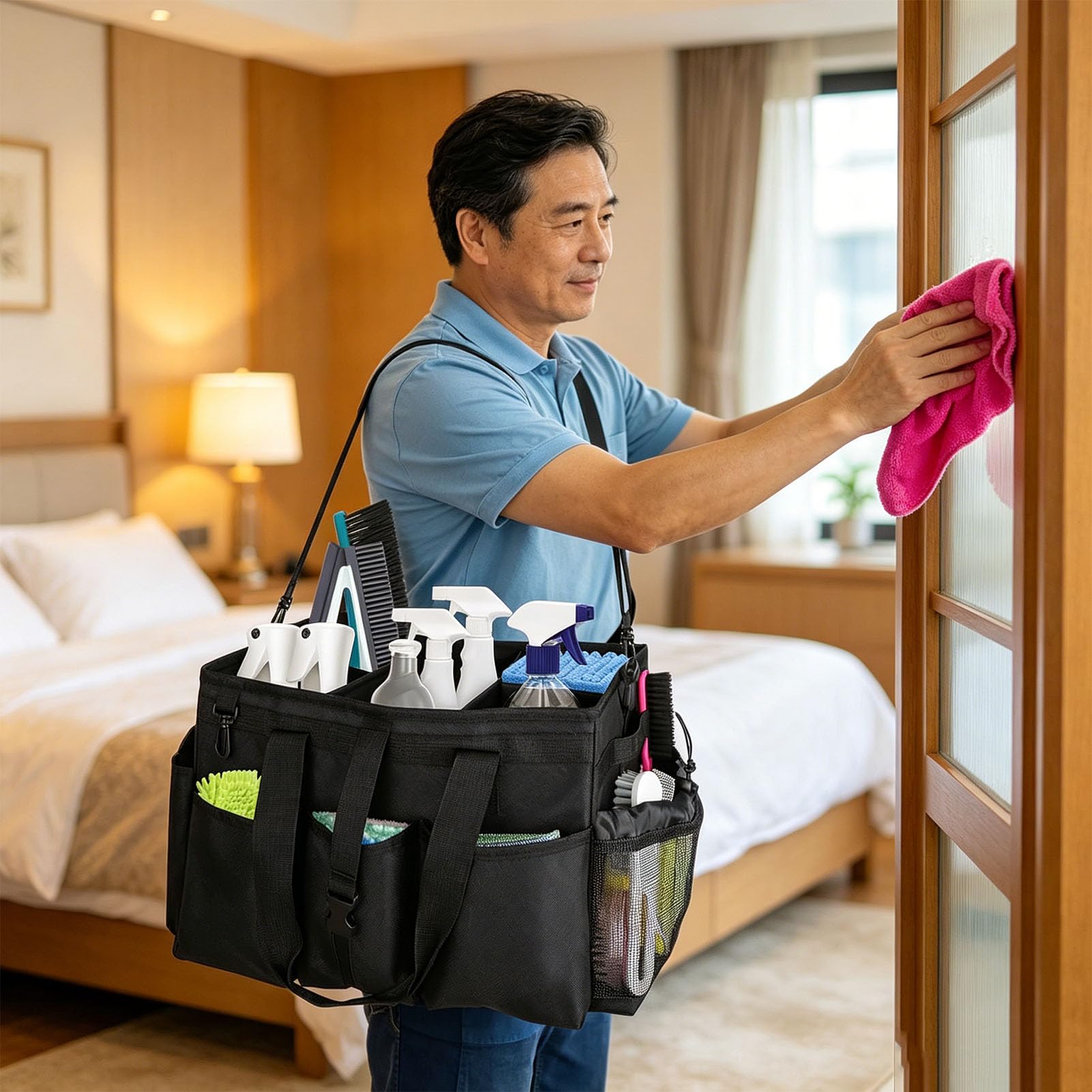 Luocute Bolsa de Limpieza, Organizador de Suministros de Limpieza Portátil con Asa, Correa de Hombro Ajustable, Divisores Extraíbles, para Amas de Casa, Lavado de Autos, del Hogar