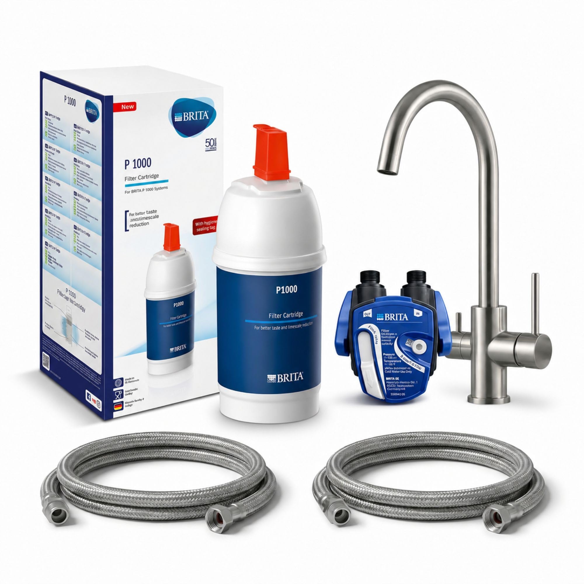 VANTO INOX 3 Wege Wasserhahn Küche Set – Edelstahl 304 Küchenarmatur Hochdruck – Untertisch Wasserfilter Trinkwasserfilter mit BRITA P1000, Filterkopf Schläuchen & Adapter | C-Auslauf