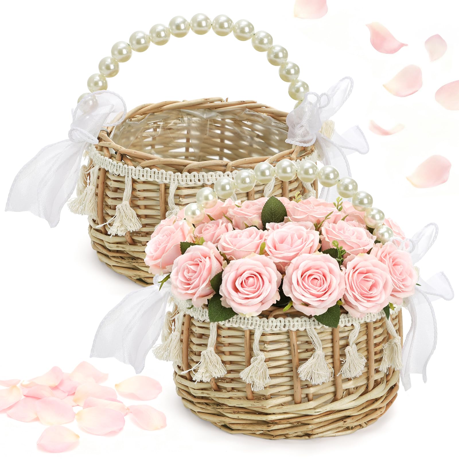 WRINGKIT 2 Pack Rattan Flower Girl Basket, Small Wedding Basket with Handle