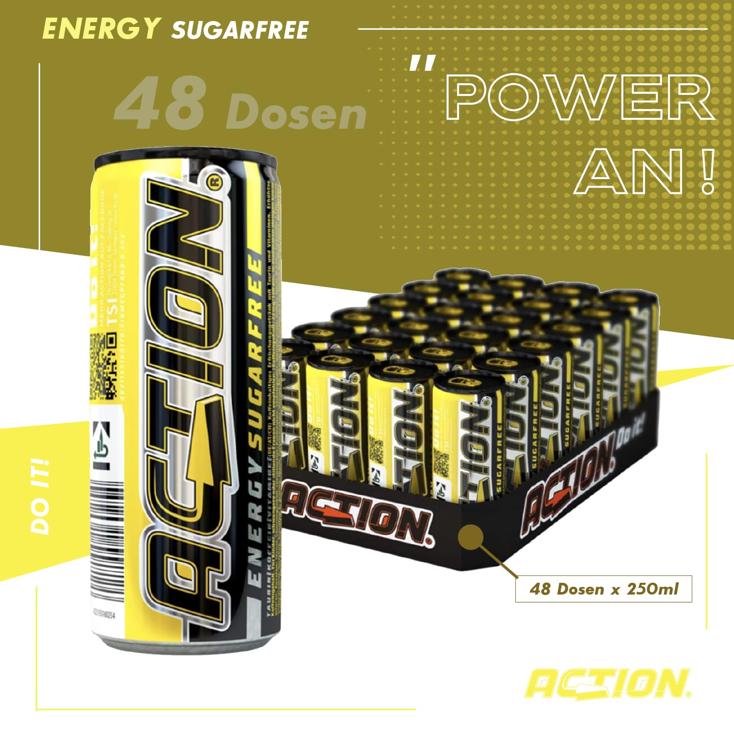 Action Energy Drink Sugarfree (48 x 250 ml) incluye depósito – Refresco con sabor 100% – patata energética con mayor contenido de cafeína 31,5 mg/100 ml de cafeína – sin azúcar – enfoque mejorado