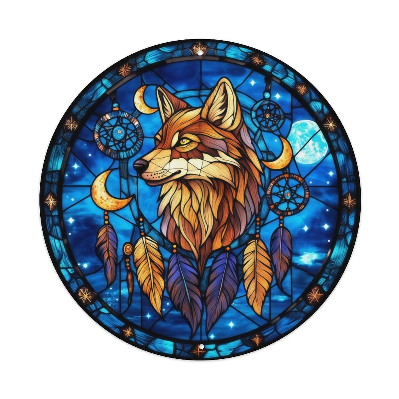 Stained Glass Style Wolf & Dreamcatcher Round Decor Sign Vintage Aluminium Metal Sign, Retro Wall Decor for Home, Bar, Garage & Farmhouse 20x20cm