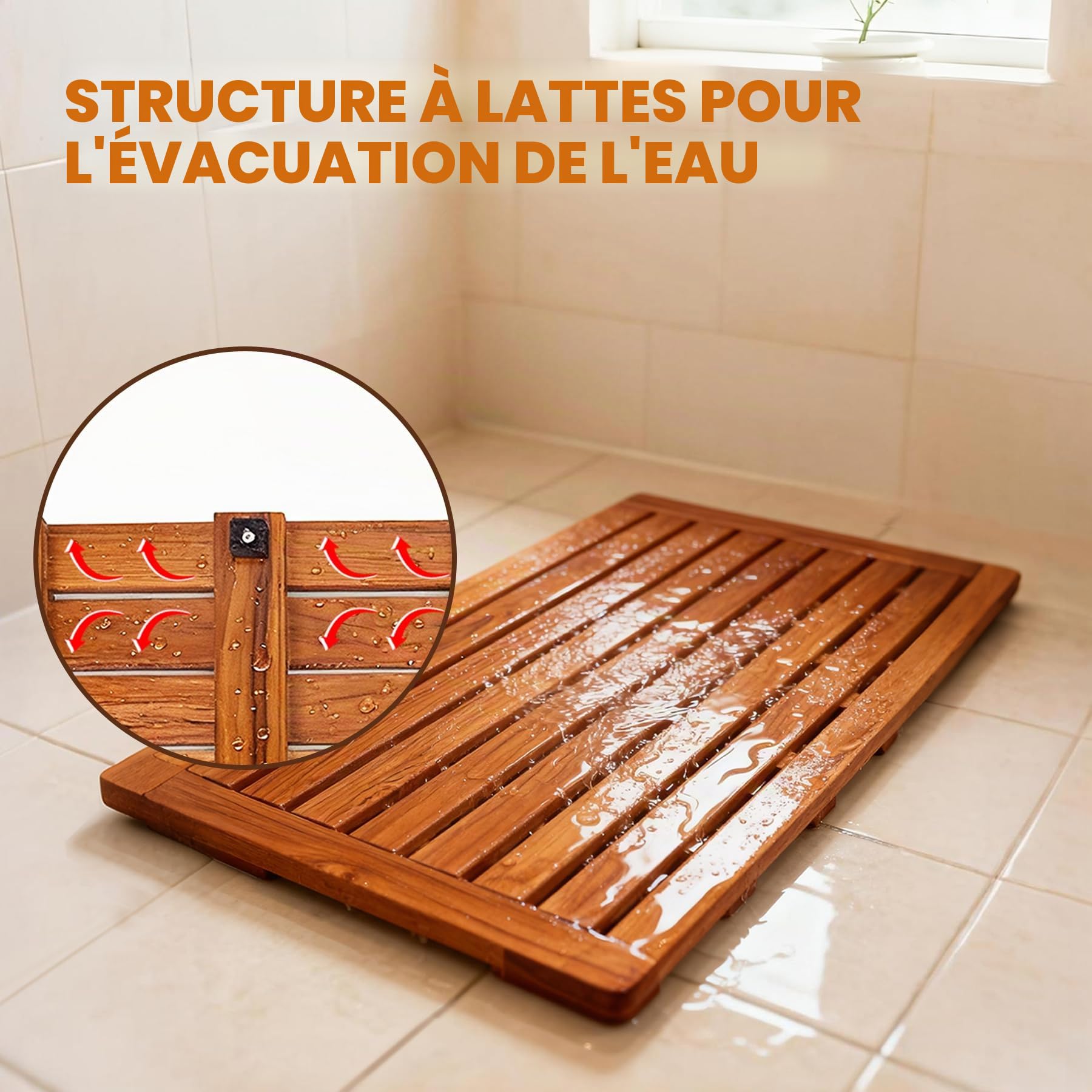 Utoplike Grand Tapis de Bain en Teck pour Salle de Bain, 80,5 x 45,5 cm, Tapis de Sol Robuste pour intérieur et Spa ou extérieur