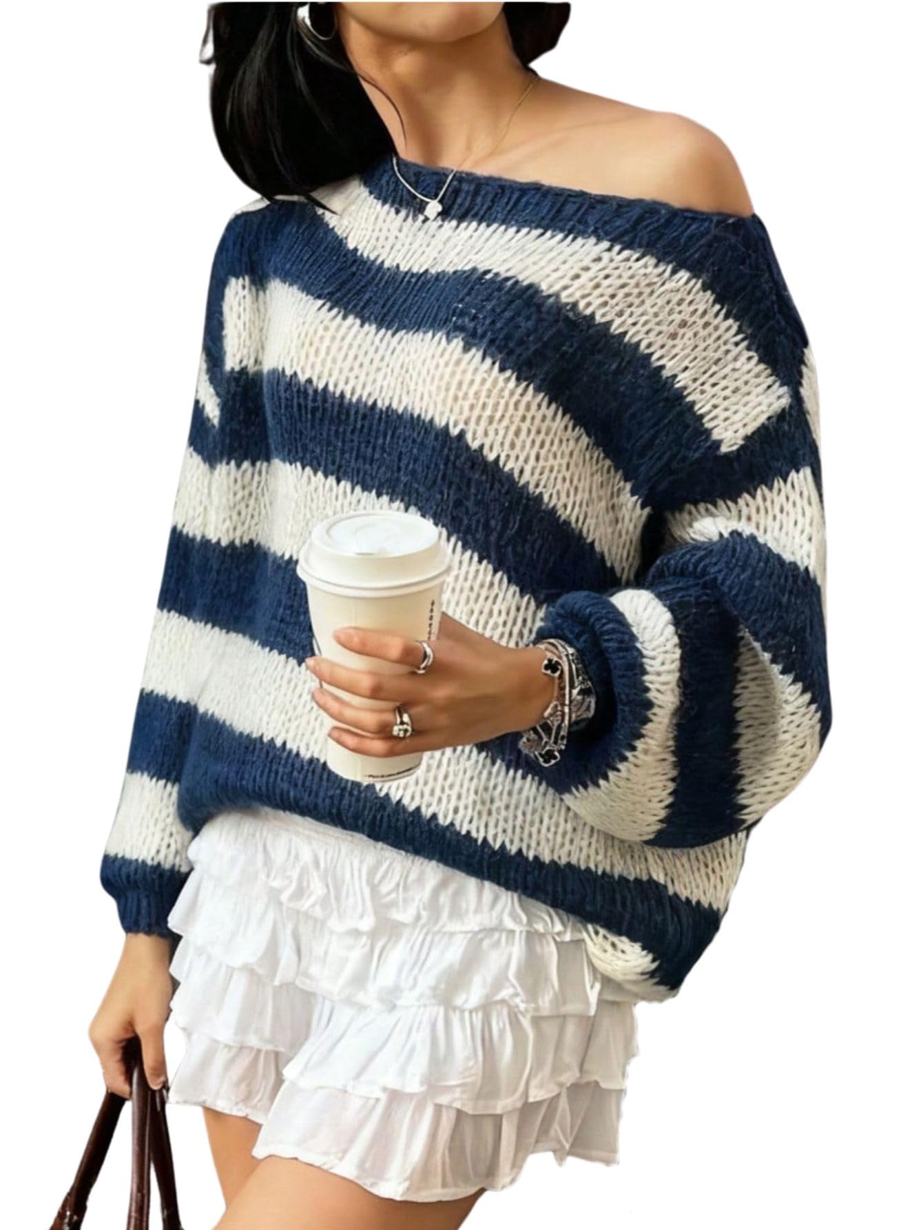 Verdusa Womens Off The Shoulder Sweater Striped Sweaters Color Block Long Sleeve Oversized Pullovers Tops
