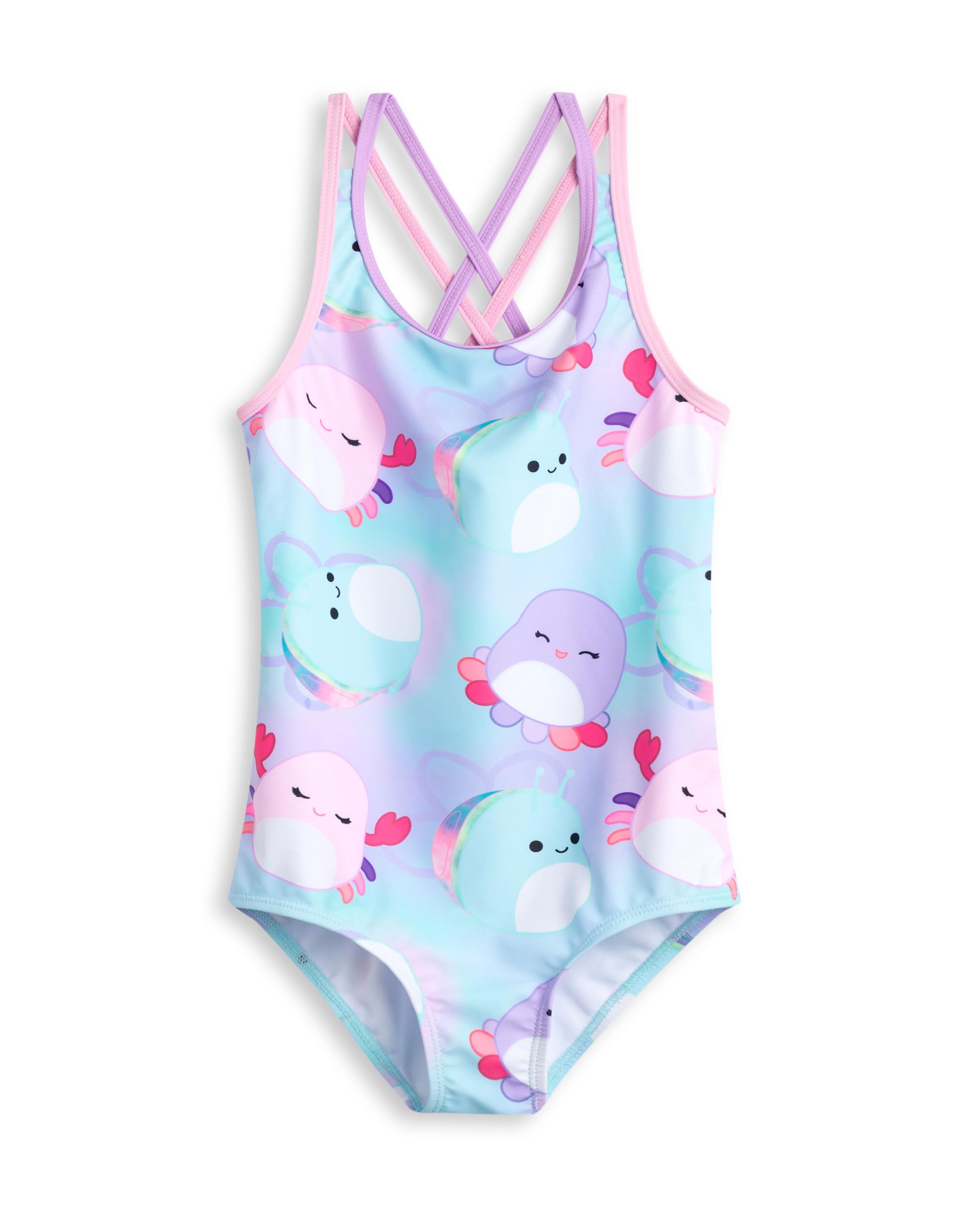 Squishmallows Girls Multicoloured Pastel 1 Piece Swimming Costume | Character All Over Print Swimwear | Sleeveless Scoop Neck Beachwear | Criss-Cross Straps Aquatic Fun Apparel - 7-8 Years