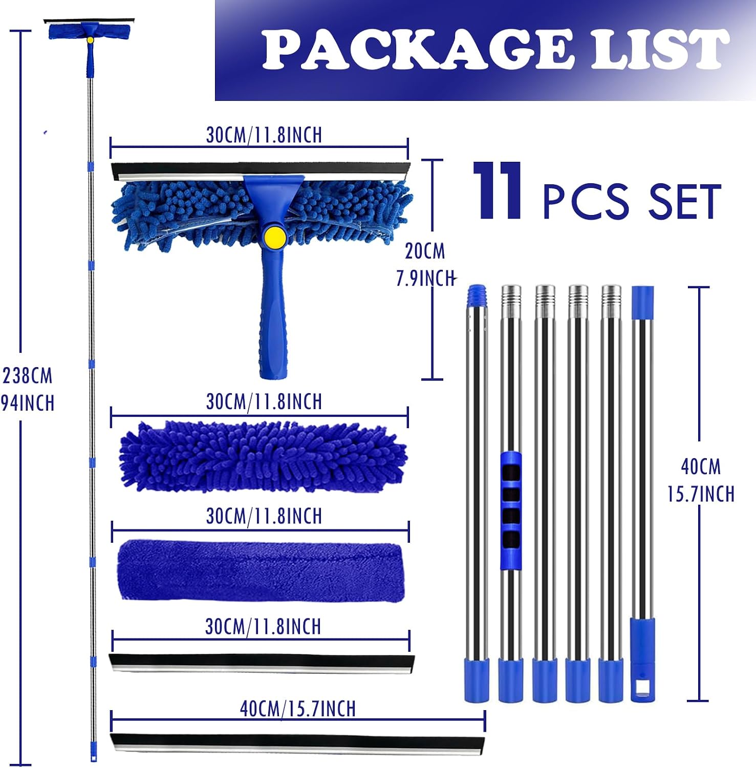 Window Cleaner Squeegee Kit - 2.38M (94inch) Cleaning Equipment with Long Handle 3 in 1 Extendable Window Cleaning Tool for High Windows, Glass, Home, Wall and Car
