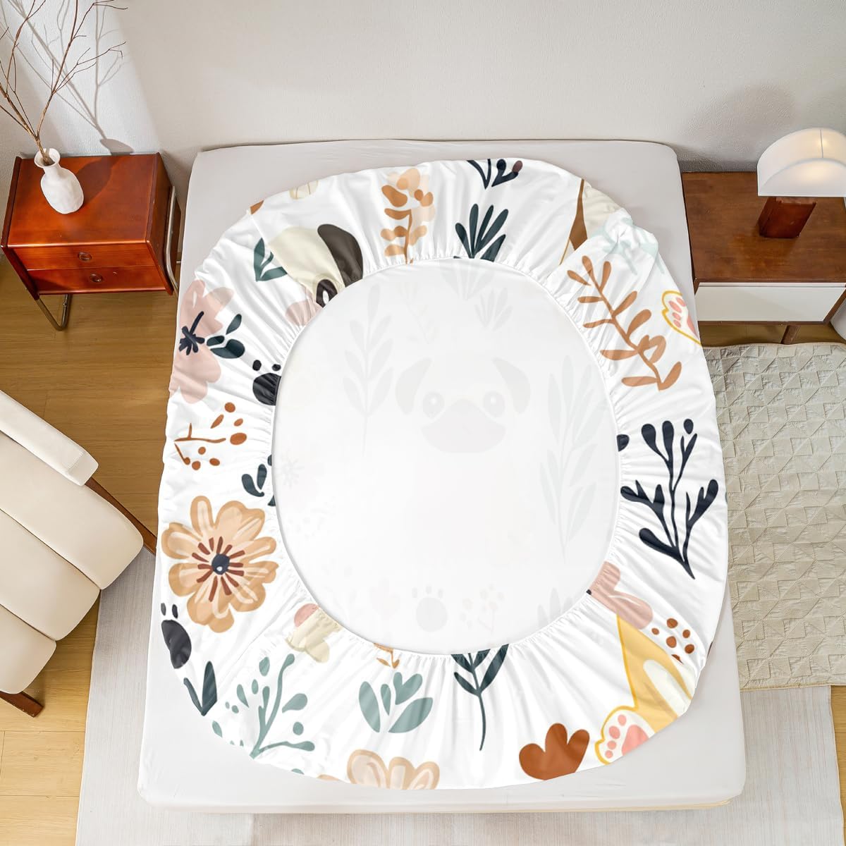 Cute Puppy Dog Fitted Sheet Kids Toddler Full - Dog and Flower Bedding Set With Botanical Plant Bed Cover - Lightweight Animal Bed Sheet (No Flat Sheet)