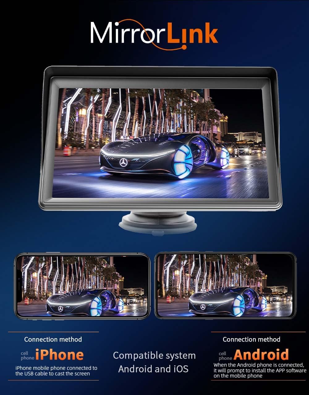 MirrorLink feature showing iPhone and Android phone screen mirroring