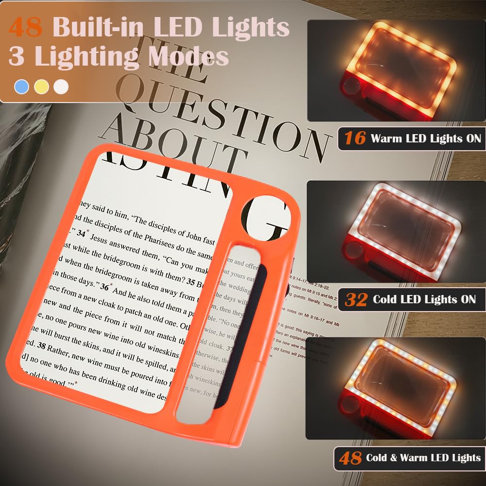 Lente d'ingrandimento 5X 10X a pagina intera per lettura, ricaricabile con 48 luci LED regolabili e 3 modalità di illuminazione, comoda impugnatura e lente d'ingrandimento leggera per anziani