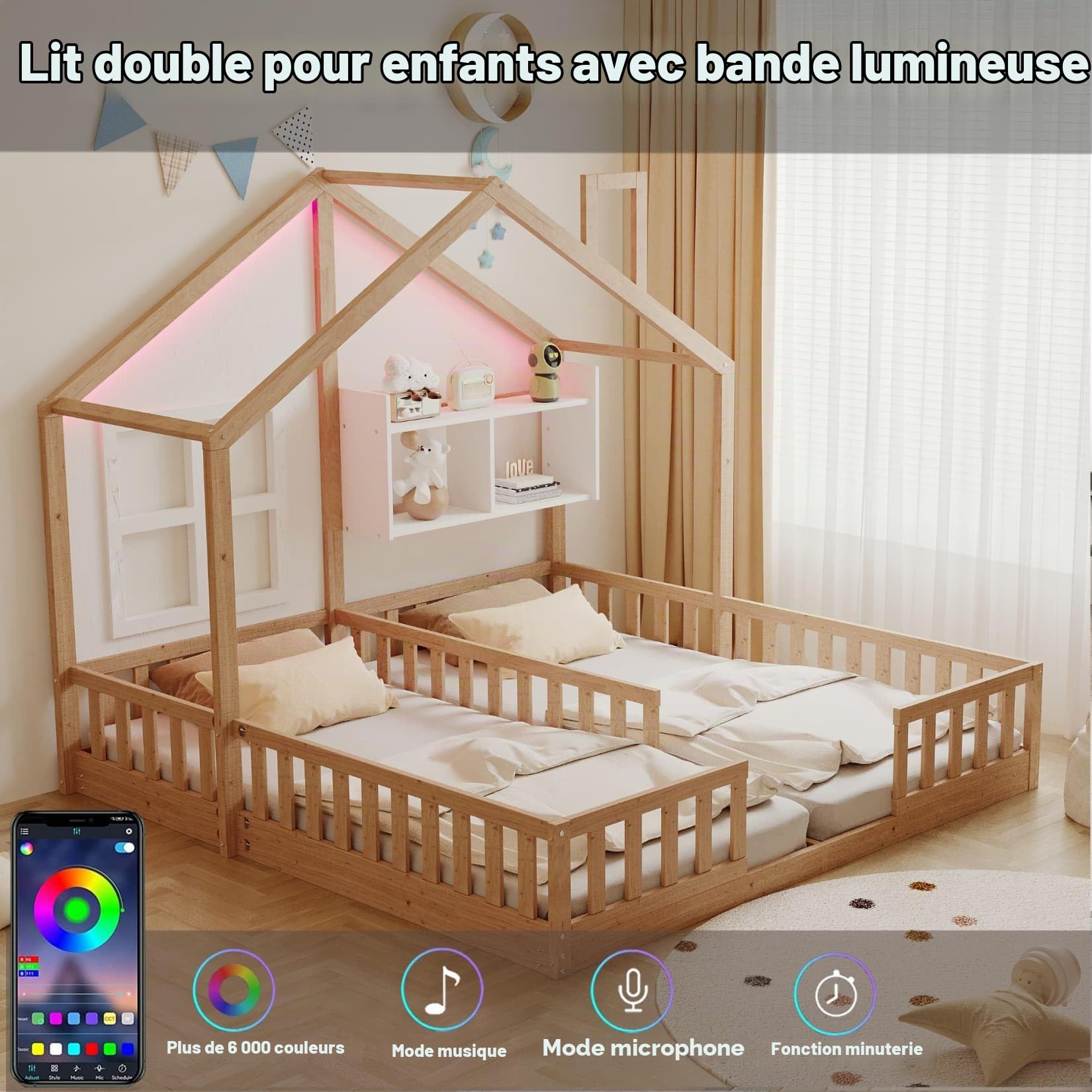 EURHCIO Lit Cabane au Sol 90x200cm*2,Lit 2 Personnes avec Éclairage LED Réglable,Étagères,Fenêtres et Cheminées,Sommier à Lattes Robuste,pour Garçons Filles(C-Naturel, 90x200)