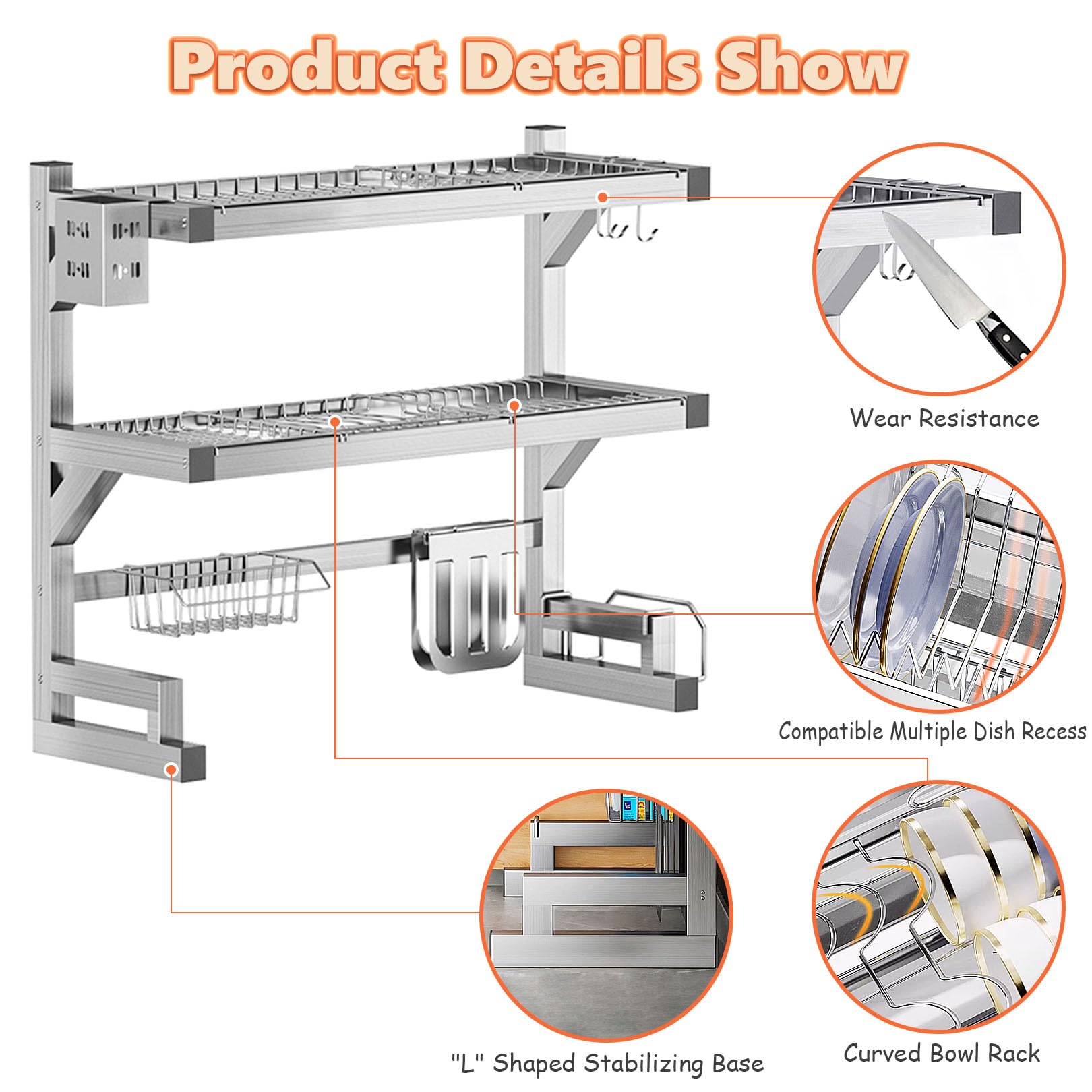Escurridor de platos de acero inoxidable de 3 niveles sobre el fregadero con soporte para tabla de cortar y rejilla para picar, lo que le ayuda a ahorrar más espacio en la encimera (55 cm/21,7 pulgad