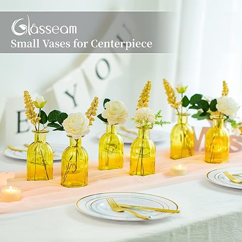 Miniatura 2 de Glasseam Jarrones de cristal acanalado para centros de mesa, bonito juego de 12 jarrones amarillos, modernos jarrones pequeños para flores, floreros