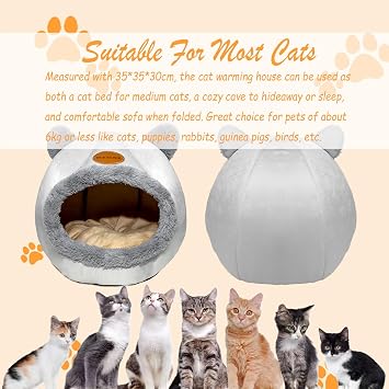 Cat Bed Cave, Foldable Cat House Semi-Enclosed Kitten Bed with a Removable Mat& Non-slip Bottom, Velvet Kitten Nest Bed Cat Tents For Indoor Kittens (Head, Medium)