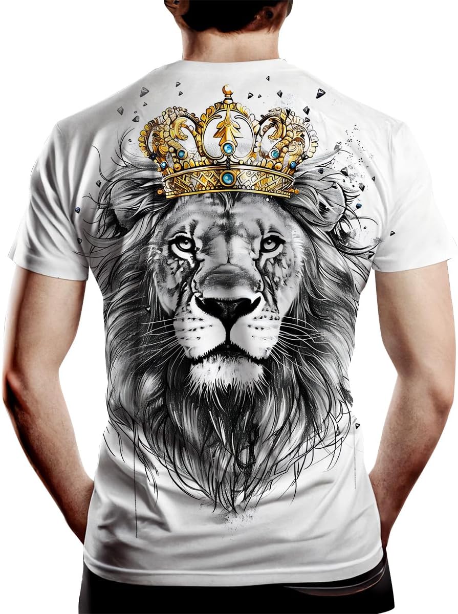 Men's Casual Lion with Crown Print T-Shirt Fashion Graphic Tee Shirts Short Sleeve - Image 2
