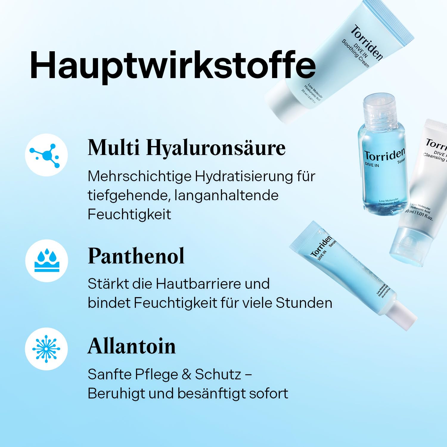 Torriden DIVE IN Probe-Set | Tägliches Hautpflege-Set mit Hyaluronsäure - 4-Stufen-Pflegeroutine mit Reinigungsschaum, Gesichtswasser, Serum und Creme | Koreanisches Skincare-Set
