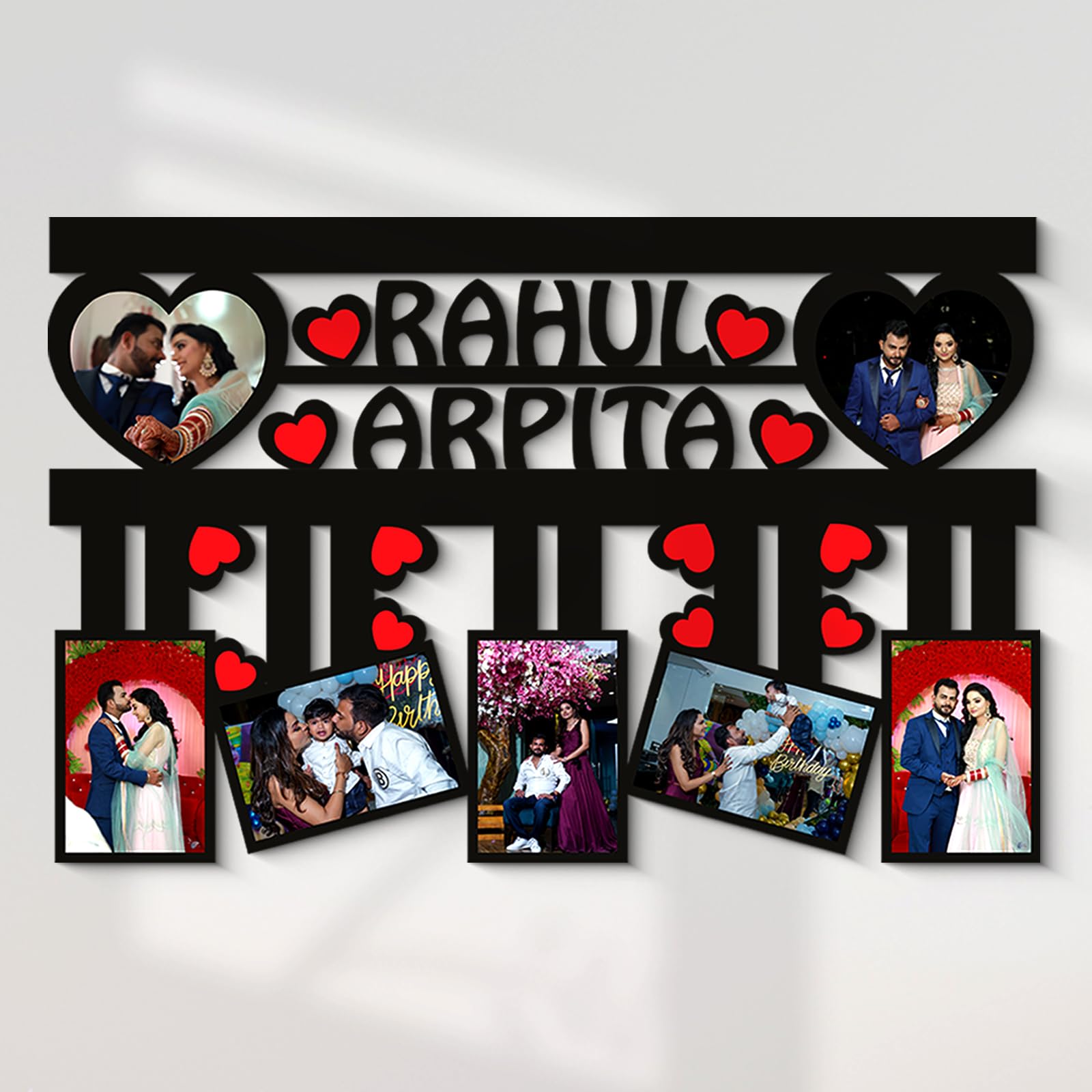 tinywalk Couple 7 Photos Personalized Frame With Name Customized Gifts for Couple Personalized Photo Frames for Anniversary Customized Frame for Couples (Wooden/Size 12x18 inch)