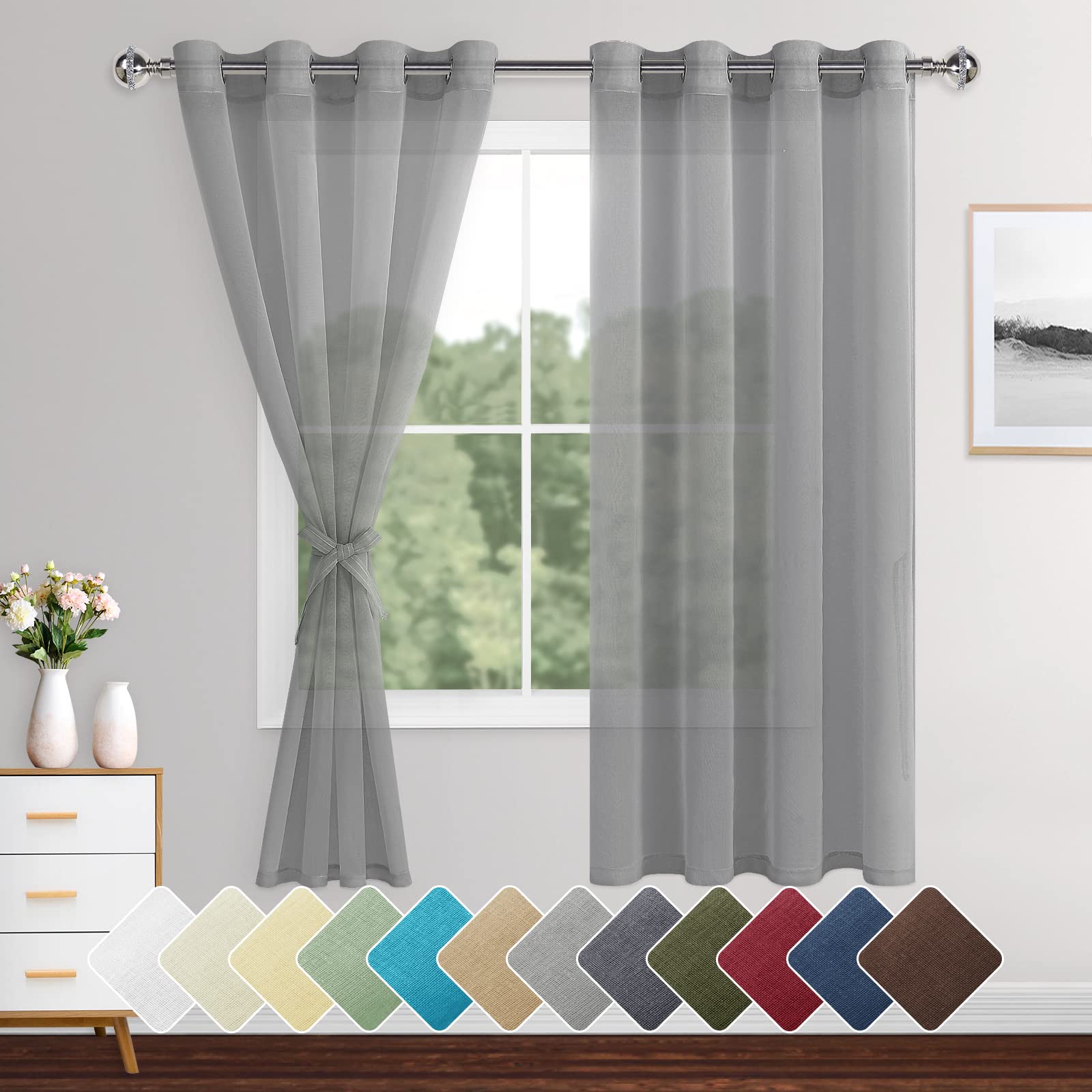XWZO Sheer Curtains 2 Panels Linen Look Voile Curtains Semi Transparent Grommet Tieback Window Curtains for Bedroom,Light Filtering,Airy & Breathable Voile Drapes,Gray,W55*L72