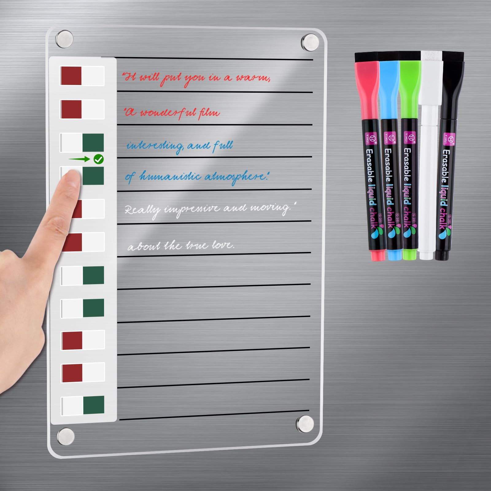 Magnetic Acrylic Dry Erase Board for Fridge, 12"X8" Clear Chore Chart for Adults Refrigerator Whiteboard with Sliding Buttons, Reusable to Do List Chore Chart, Includes 4 Erasable Markers