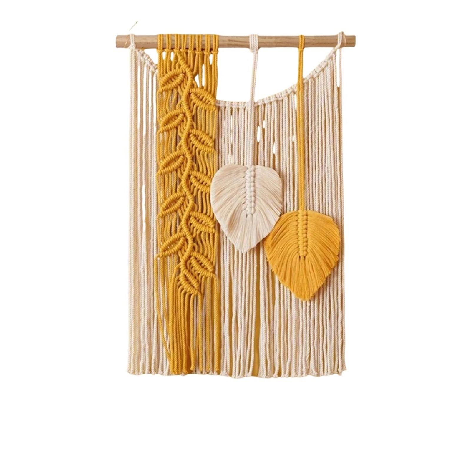 BFLCWSTD Macrame Wall Hanging Rural Style Cotton Rope Tapestry Hand Knotted Leaves Wall Art Hanging Muslin Macrame Tassel Tapestries(Yellow)