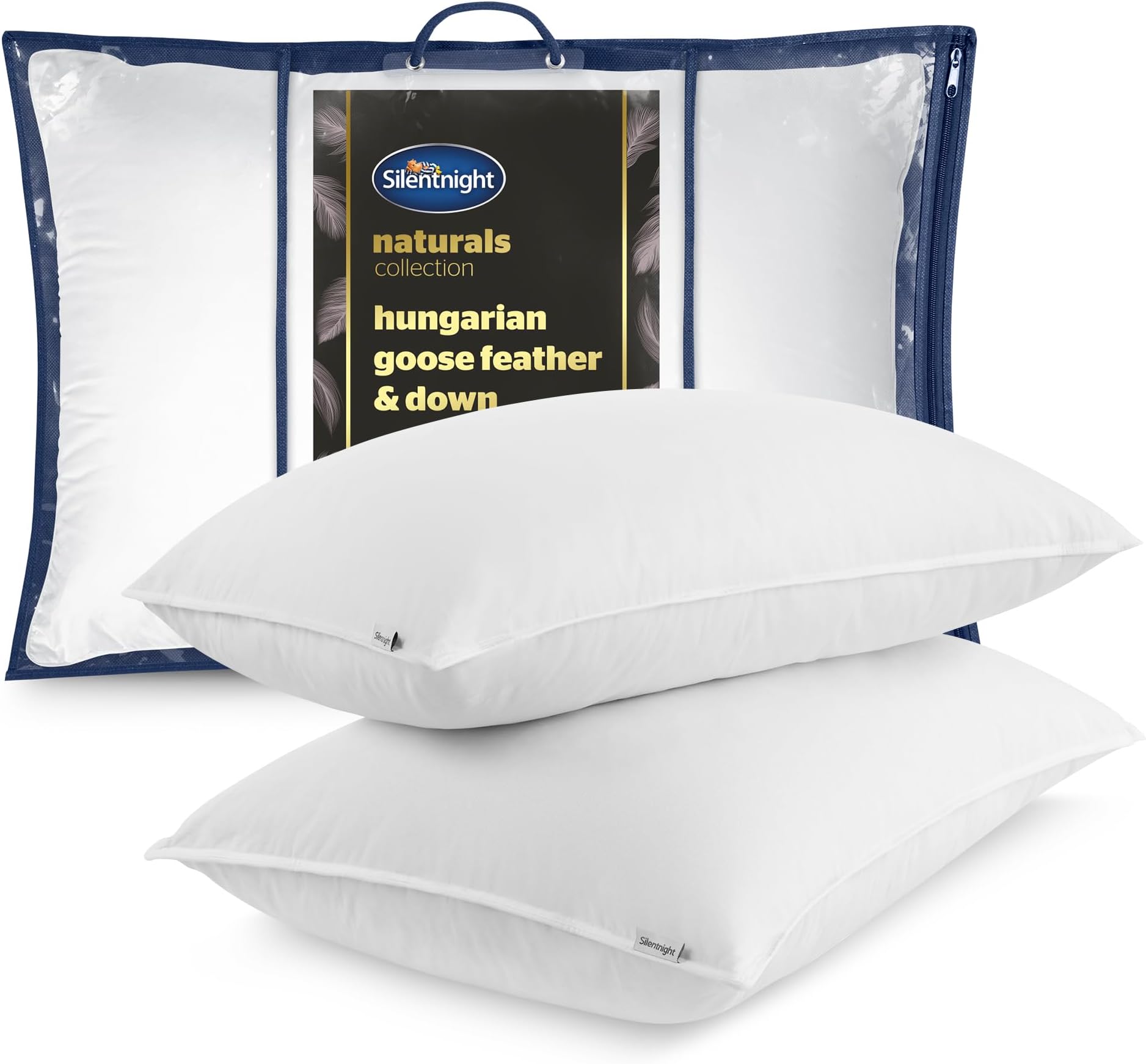 Silentnight Hungarian Goose Down Pillows 2 Pack - Hotel Quality Luxury Goose Feather and Down Pillows with Pure Cotton Cover Ideal for Front and Back Sleepers - Machine Washable - 2 Pack