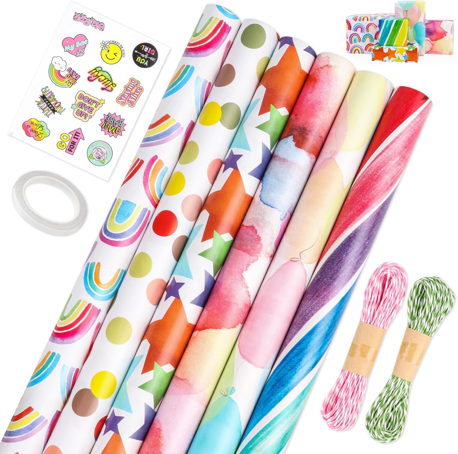 Premify6 Gift Wrapping Paper Sheets Set with Hemp String, Stickers & Tape – Perfect For Birthdays, Weddings, Graduations, Eid – For Boys, Girls, Kids, Babies, Men & Women
