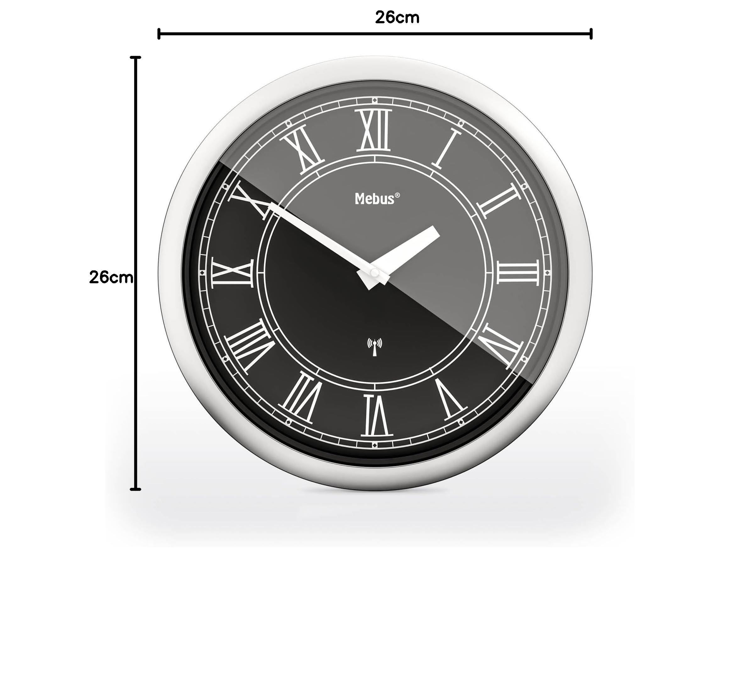 Mebus Orologio da parete senza fili, 26 cm, silenzioso, numeri romani, cornice argentata, quadrante nero, modello 19814, elegante e silenzioso