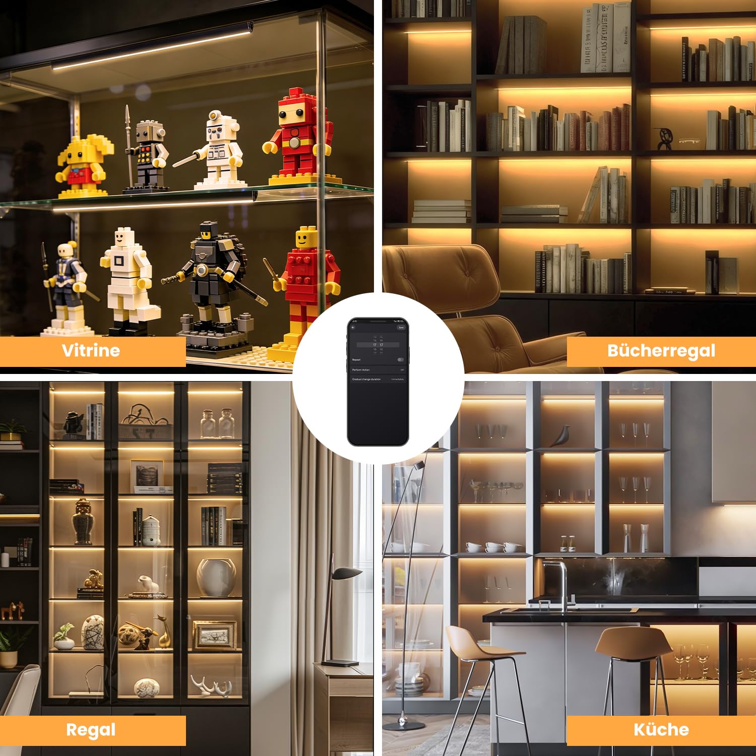 Vitrinenbeleuchtung LED Regalbeleuchtung, Schrankbeleuchtung mit Alexa, V-Form LED-Beleuchtungsset WiFi Dimmbar 2700K, App & Fernbedienung, Speicherfunktion (4 * 30cm)