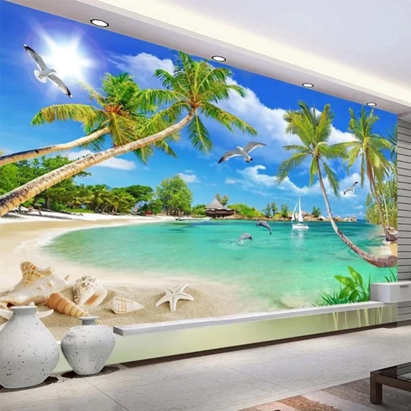 Murale 3D con spiaggia, cocco, gabbiano, delfino, barca a vela, oceano, paesaggio, soggiorno, TV, divano (PVC autoadesivo)